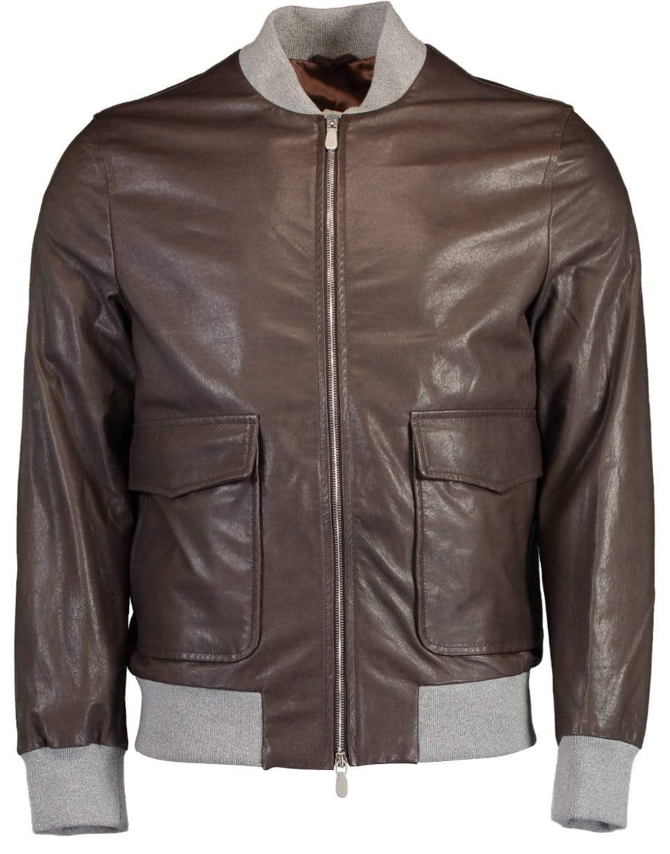 ELEVENTY-Contrast Collar and Cuff Leather Bomber Jacket-