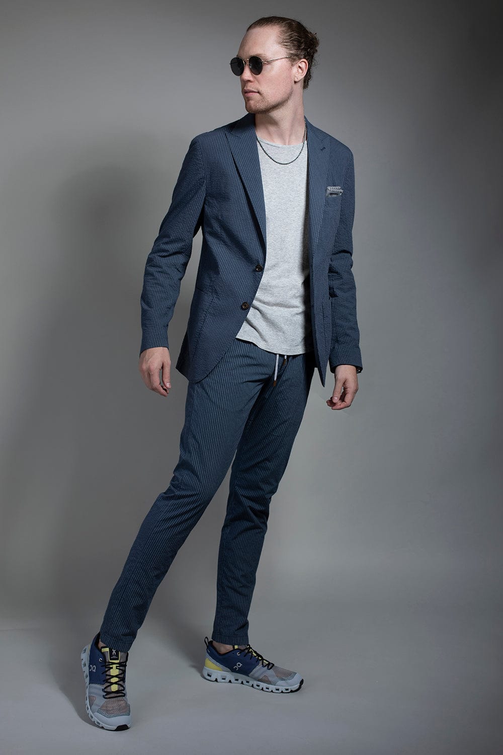 ELEVENTY-Single Breasted Blazer Jacket - Navy Stripe-