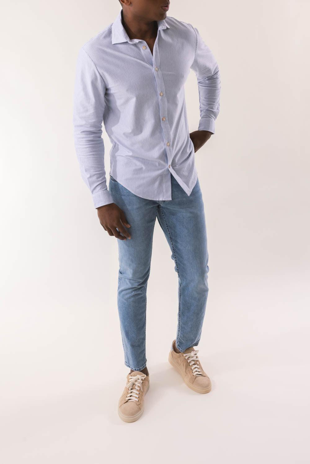 ELEVENTY-Dandy Shirt - Denim Thin Stripe-