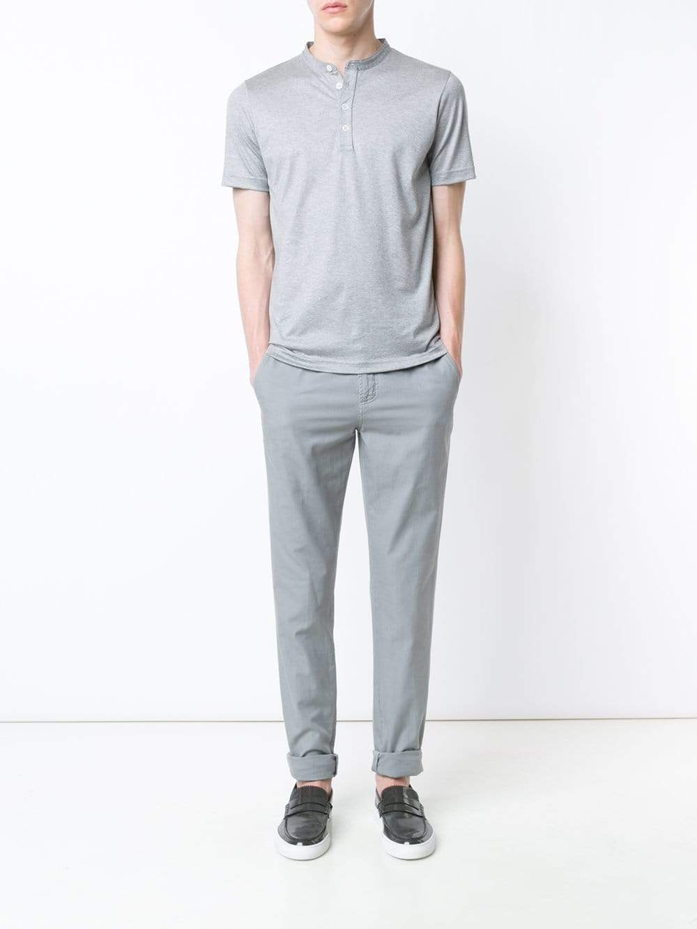 ELEVENTY-Grey Short Sleeve Cotton Henley-