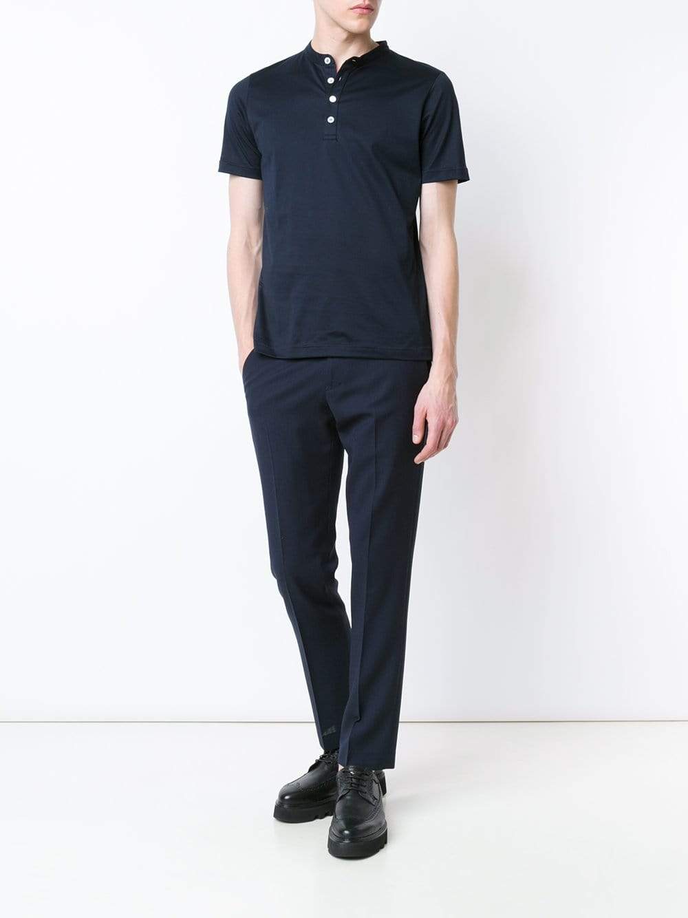 ELEVENTY-Navy Short Sleeve Cotton Henley-