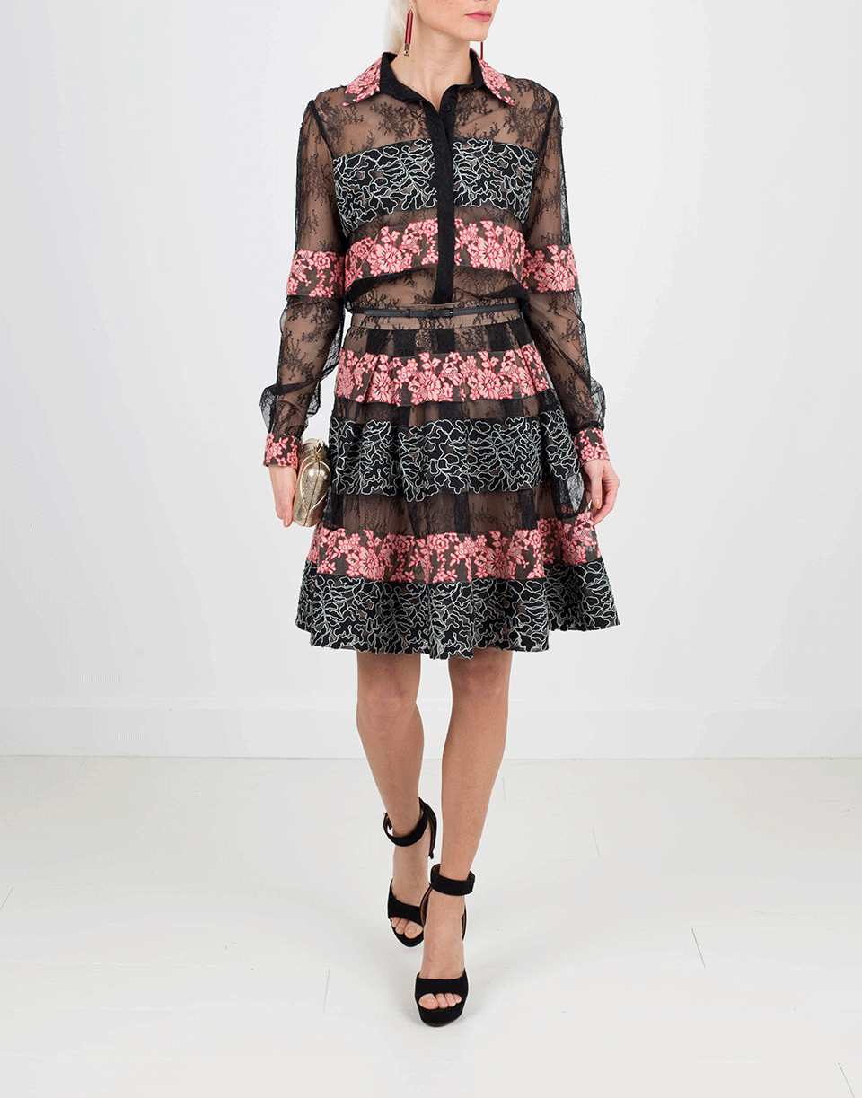 ELIE SAAB-Stripe Lace Blouse With Skirt-BLK/BLSH