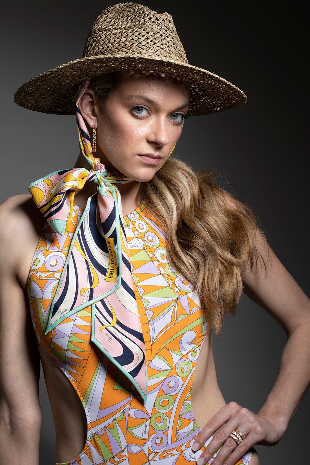 EMILIO PUCCI-Straw Hat With Silk Scarf-NATURAL