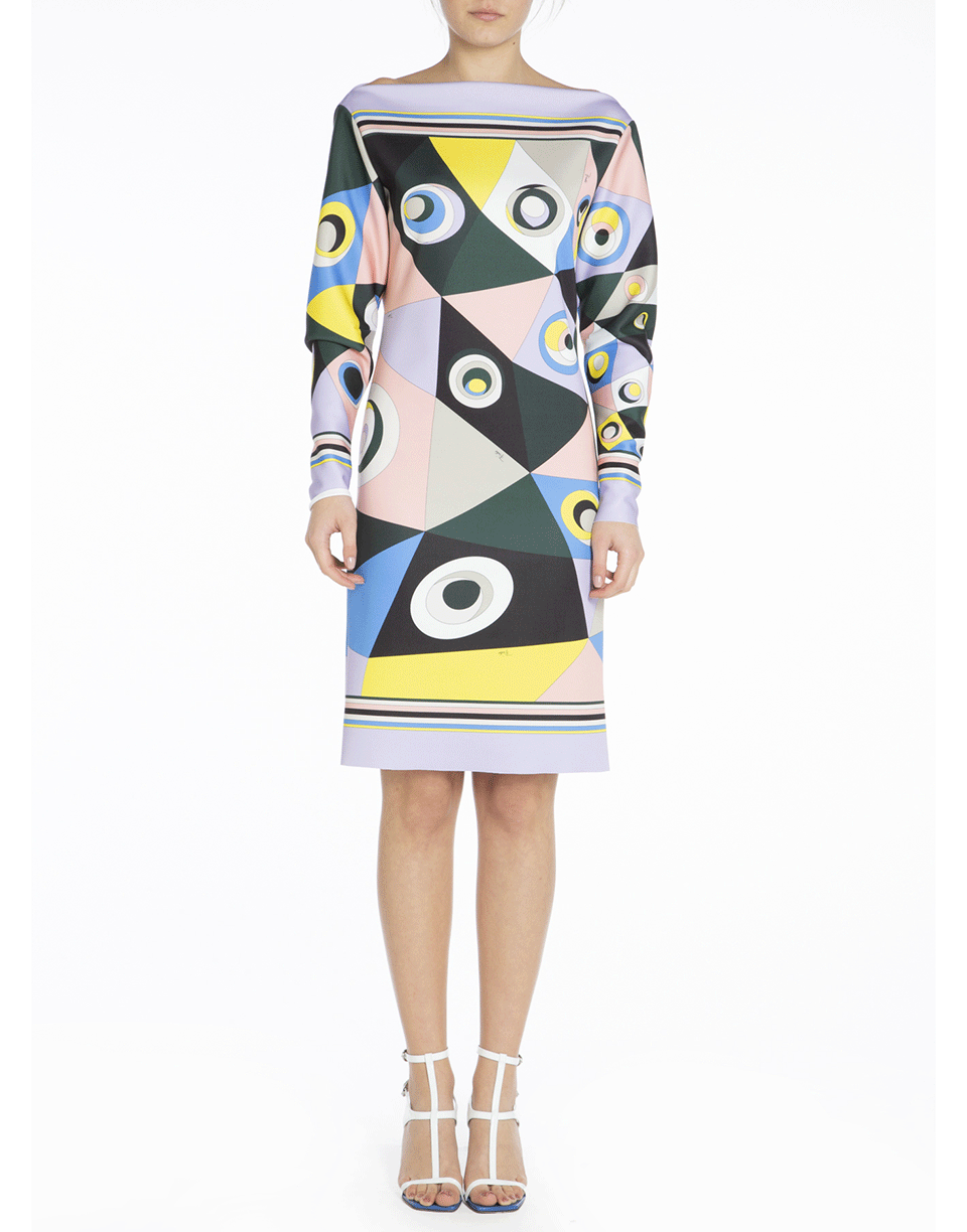 EMILIO PUCCI-Verde Long Sleeve Boatneck Printed Dress-