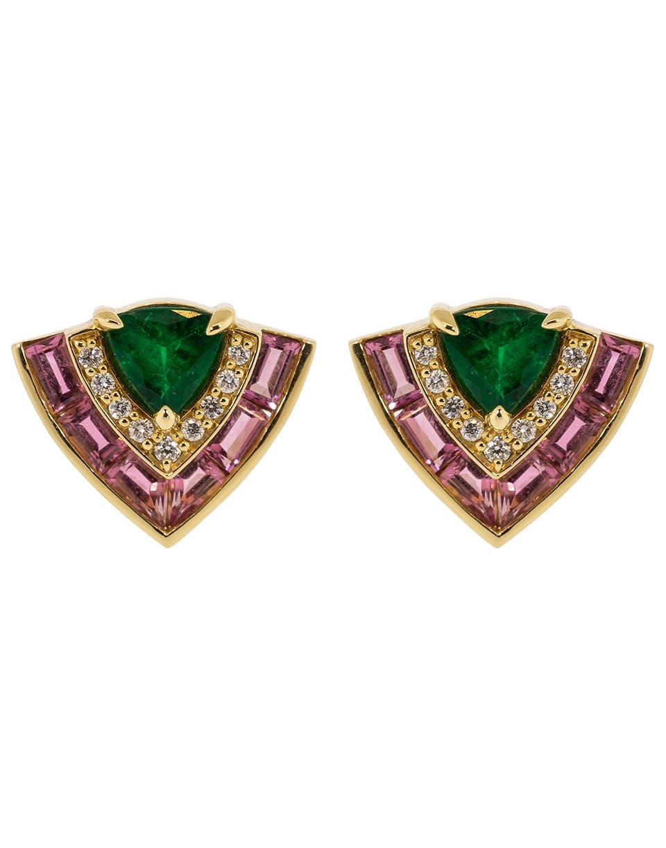 EMILY P WHEELER-Pink Sapphire, Emerald, and Diamond Tiered Stud Earrings-YELLOW GOLD