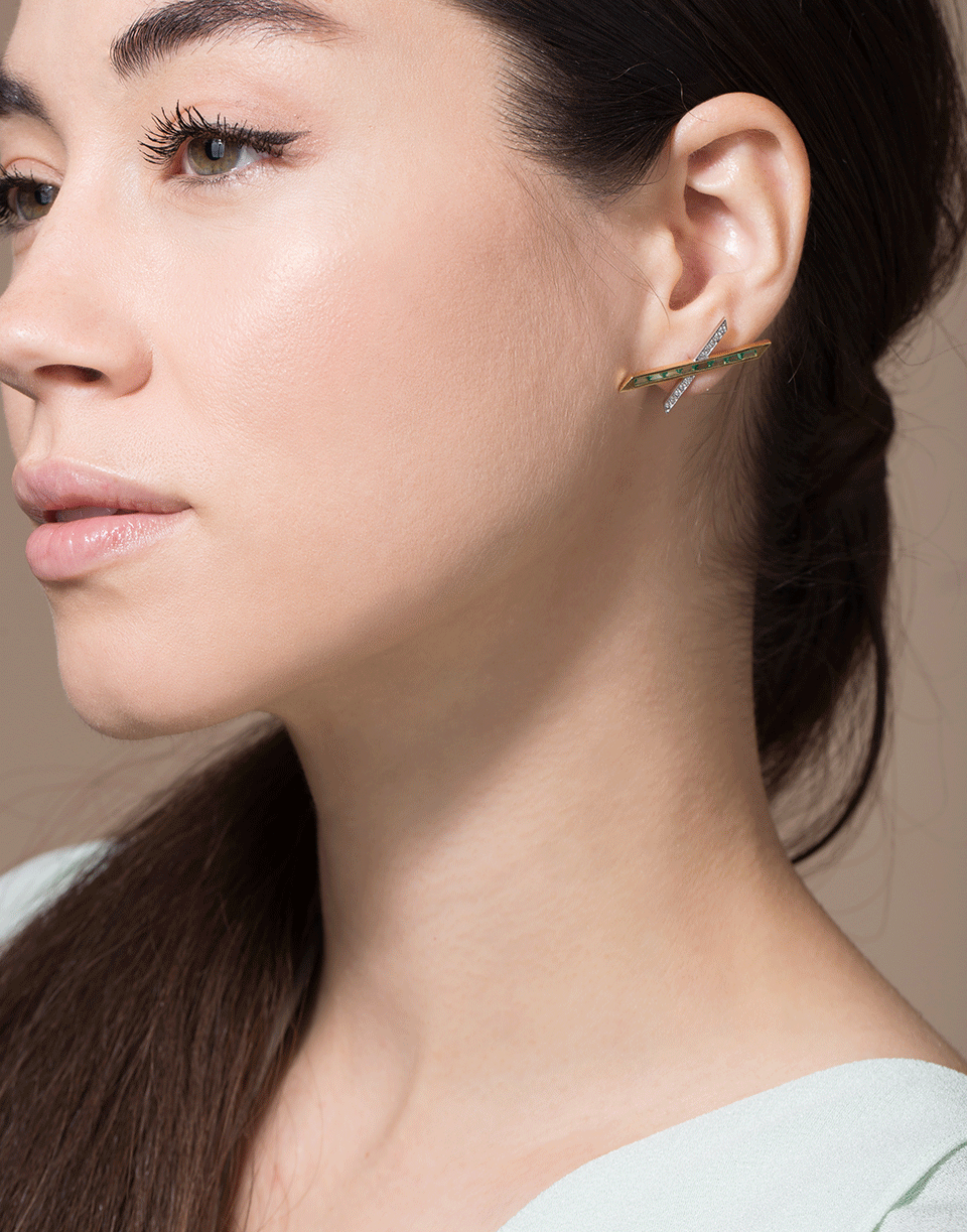 EMILY P WHEELER-Emerald and Diamond Baby X Earrings-YELLOW GOLD