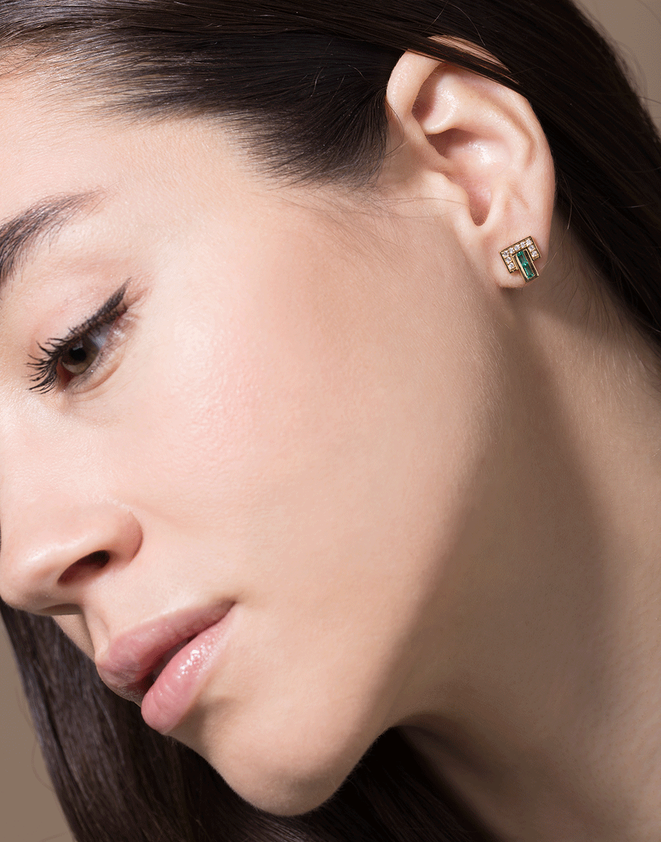 EMILY P WHEELER-Emerald and Diamond Baguette Pave Studs-YELLOW GOLD