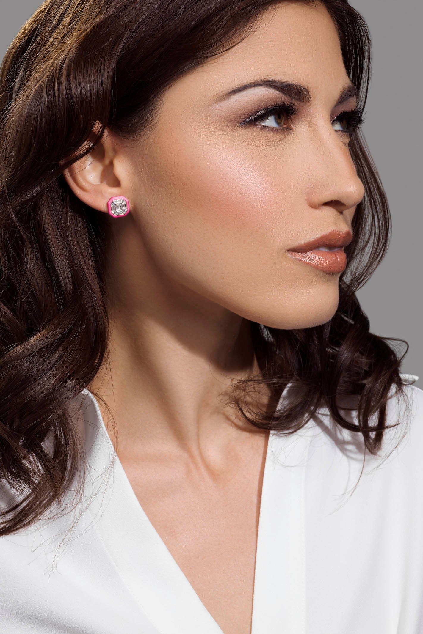 EMILY P WHEELER-Pink Enamel Puzzle Studs-YELLOW GOLD