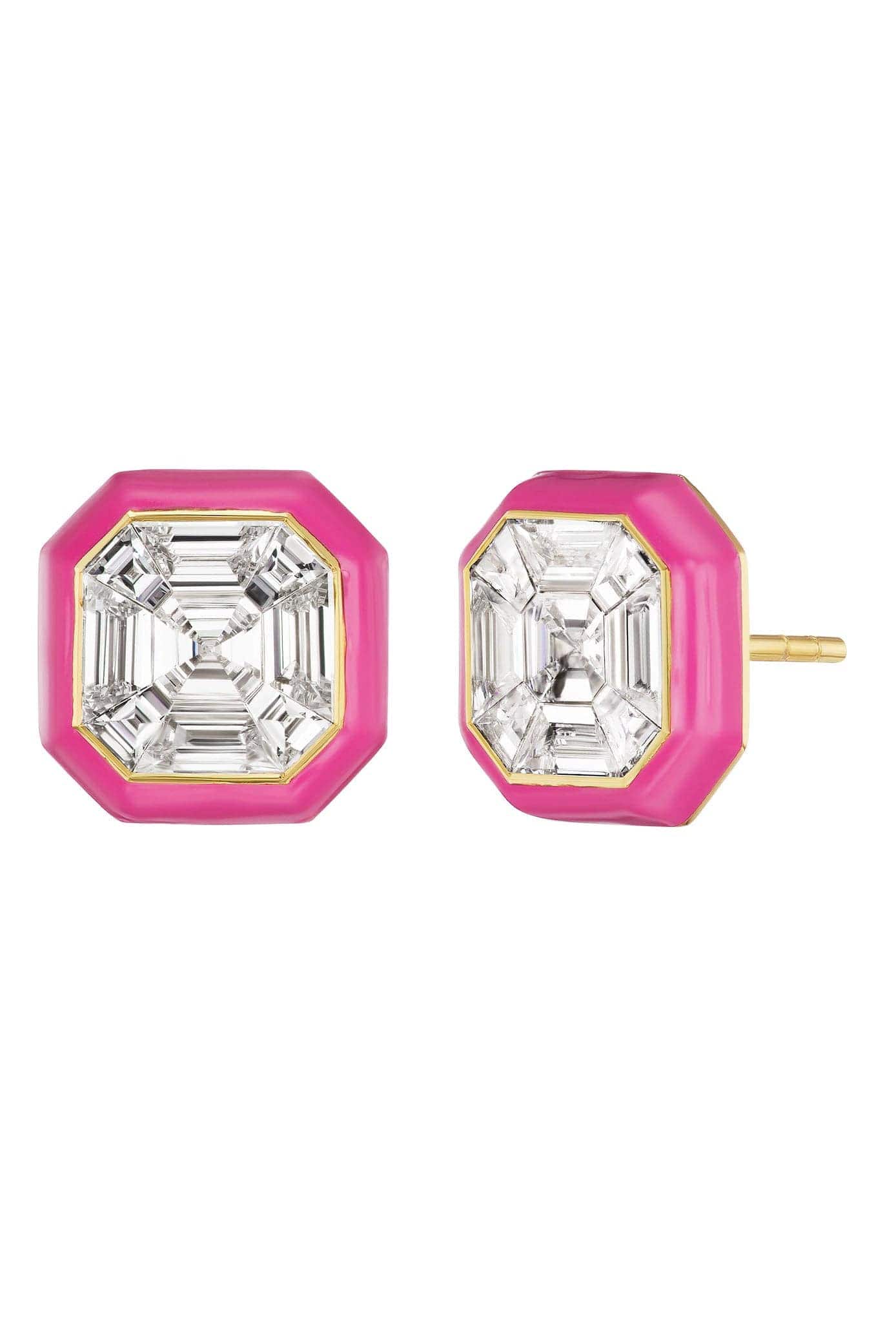 EMILY P WHEELER-Pink Enamel Puzzle Studs-YELLOW GOLD