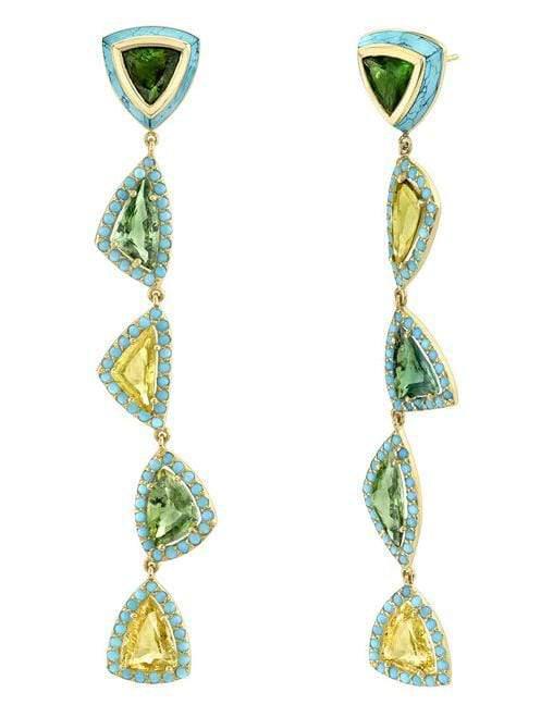 EMILY P WHEELER-Turquoise, Tourmaline and Sapphire Moss Earrings-YELLOW GOLD