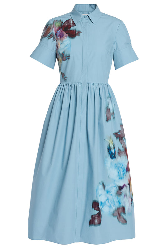Floral Poplin Short Sleeve Midi Shirt Dress-BLUE-2-CLOTHINGDRESSCASUAL-ERDEM