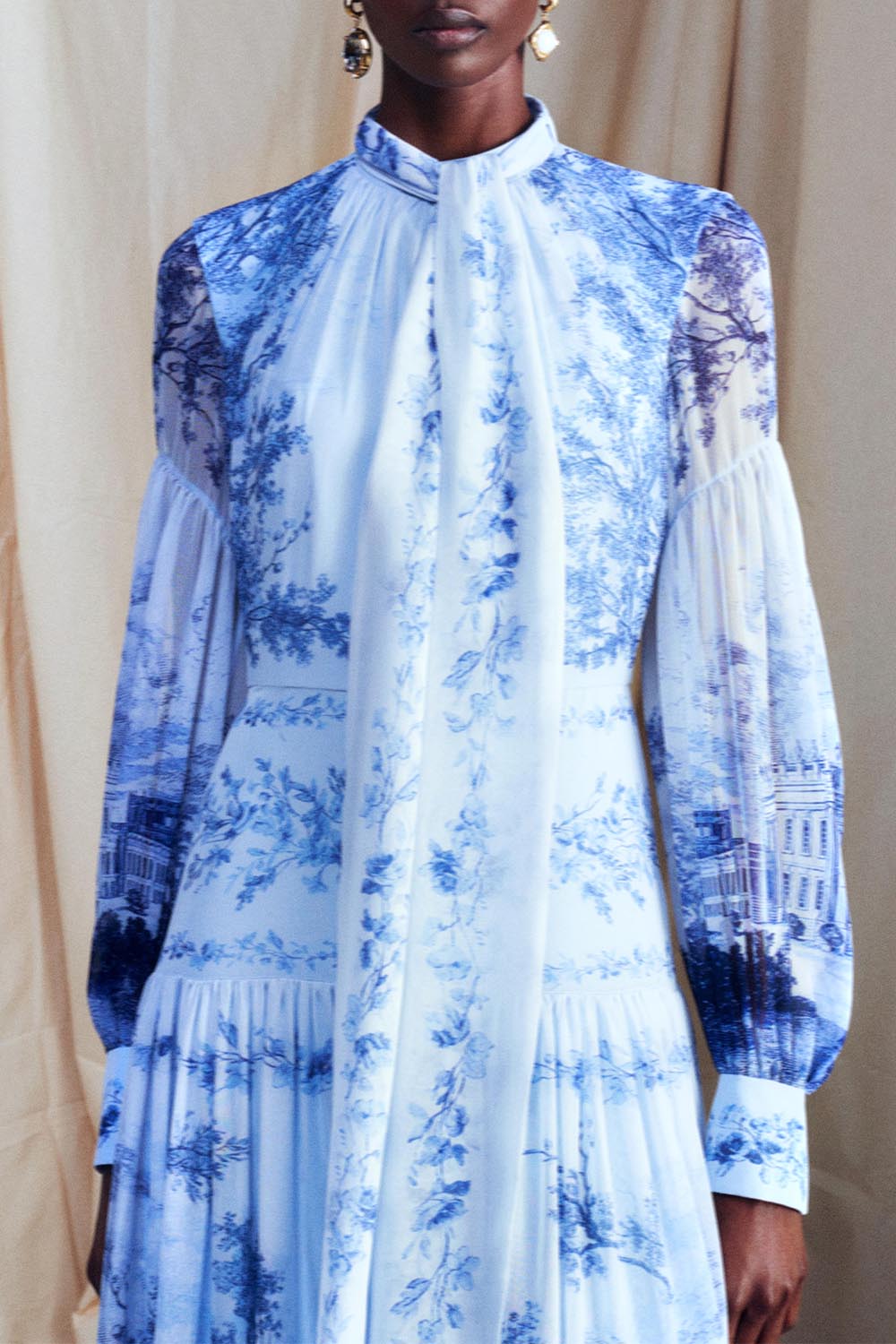 ERDEM-Blouson Sleeve Neck Tie Gown-