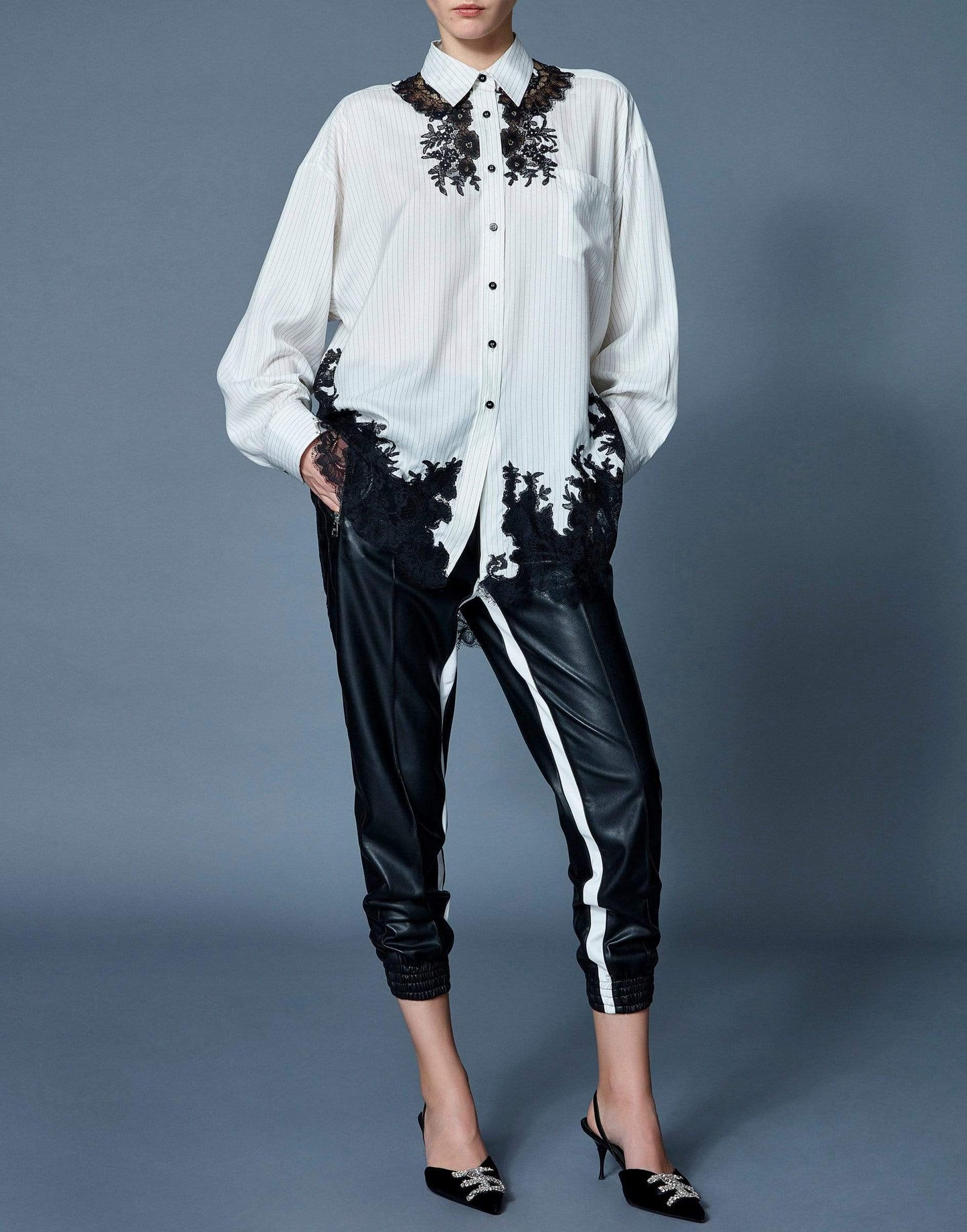 ERMANNO SCERVINO-Black Inner Stripe Eco Leather Jogger-