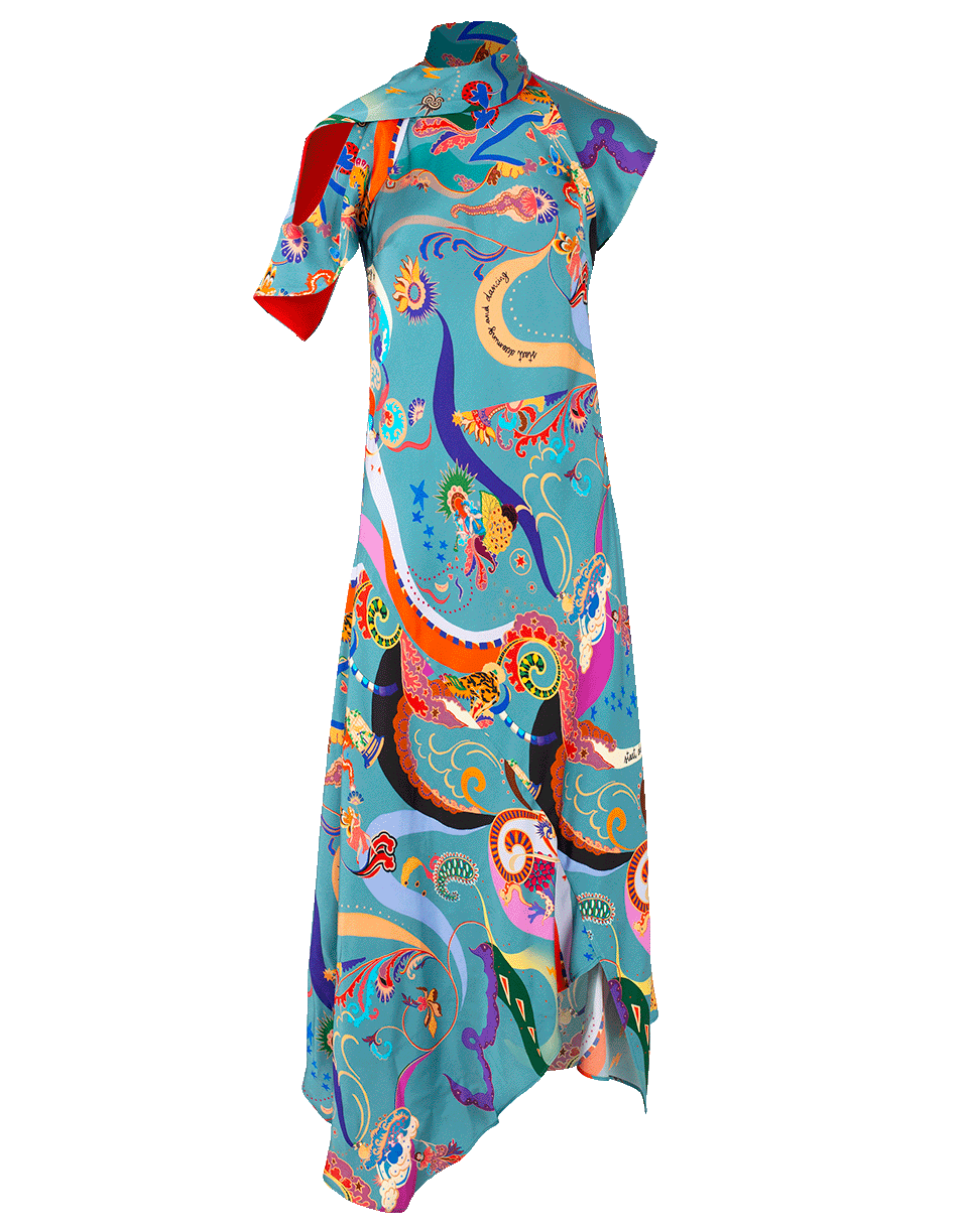ETRO-High Neck Asymmetrical Print Dress-LT BLUE