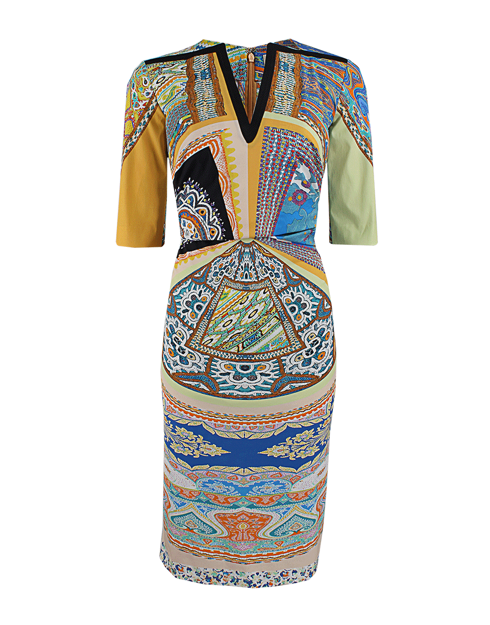 ETRO-Quarter Sleeve Banded V-Neck Print Dress-