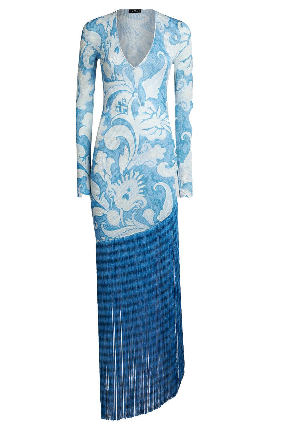 Long Sleeve Fringe Dress-BLU/WHT-42-CLOTHINGDRESSGOWN-ETRO