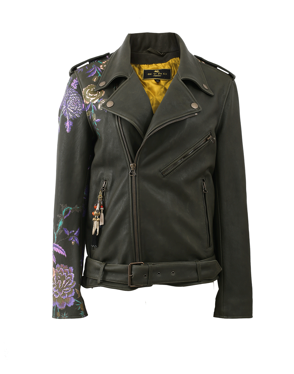 ETRO-Floral Print Leather Jacket-OLIVE