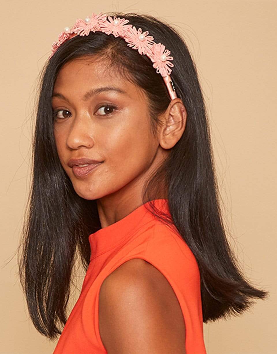 EUGENIA KIM-Coral Azalea Straw Palm Flower Pearl Headband-CORAL