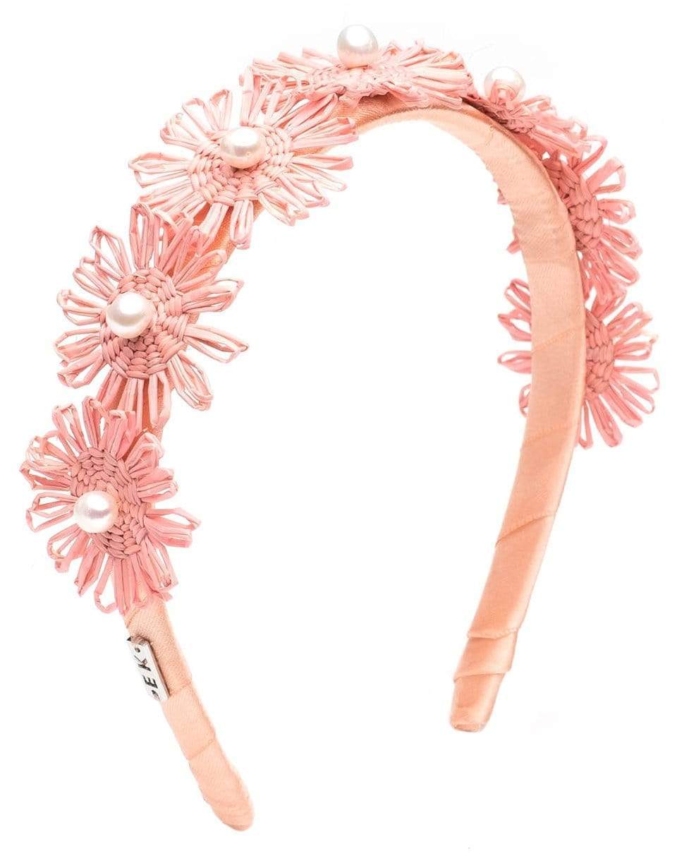 EUGENIA KIM-Coral Azalea Straw Palm Flower Pearl Headband-CORAL