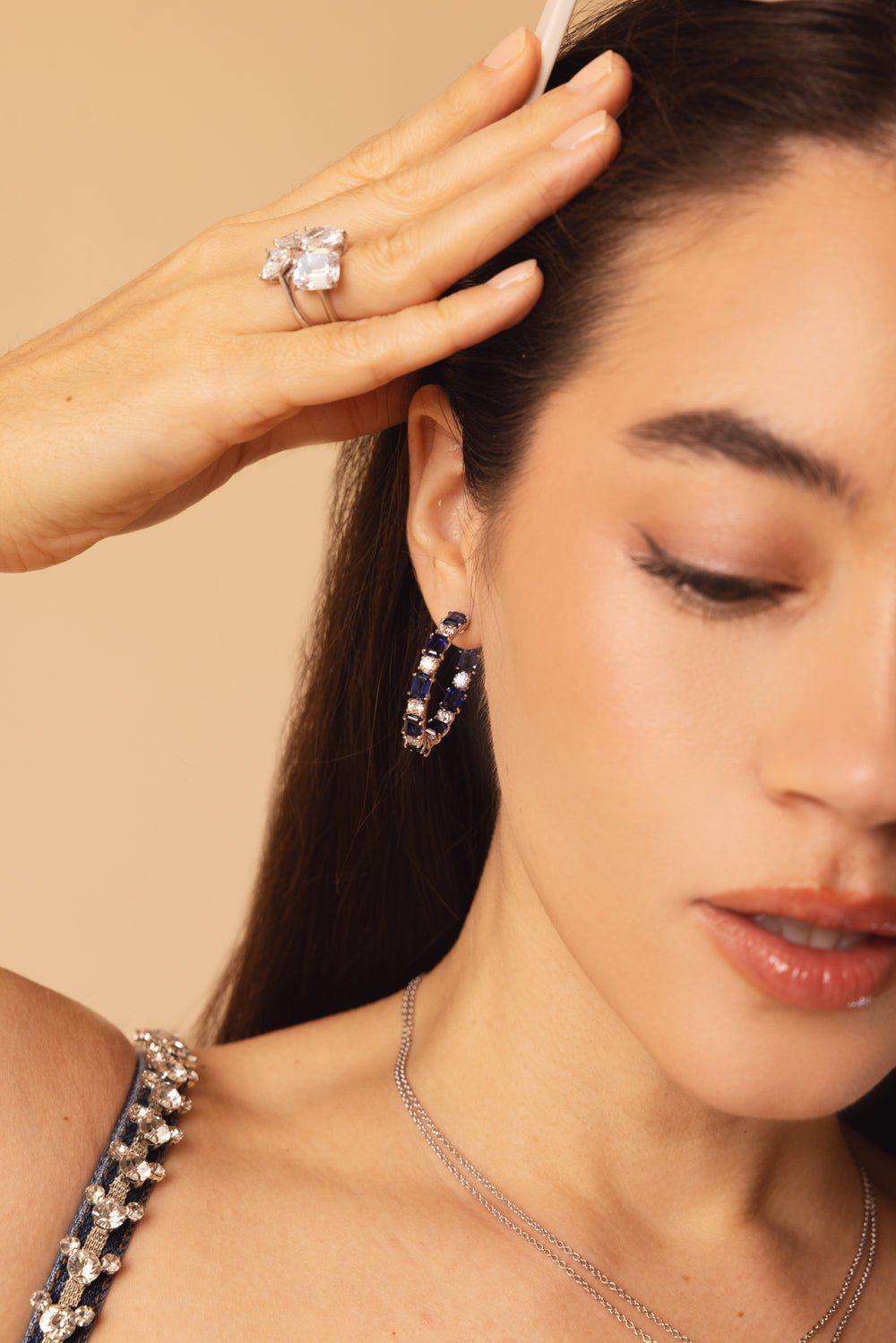 FANTASIA by DESERIO-Alternating Sapphire Hoop Earrings-BLUE