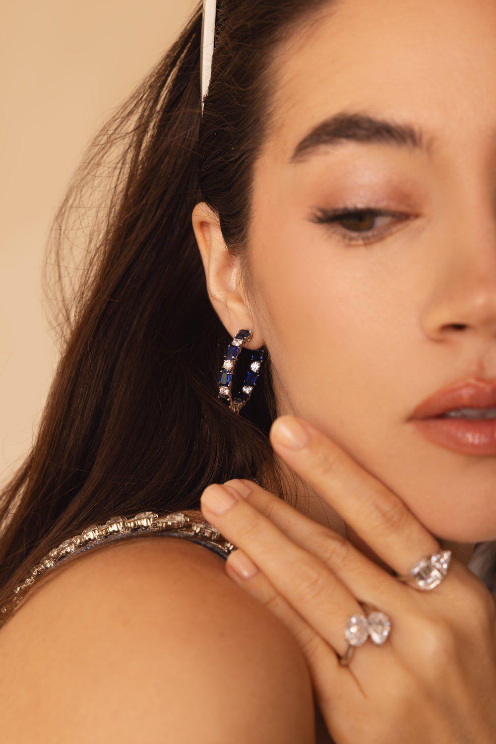 FANTASIA by DESERIO-Alternating Sapphire Hoop Earrings-BLUE