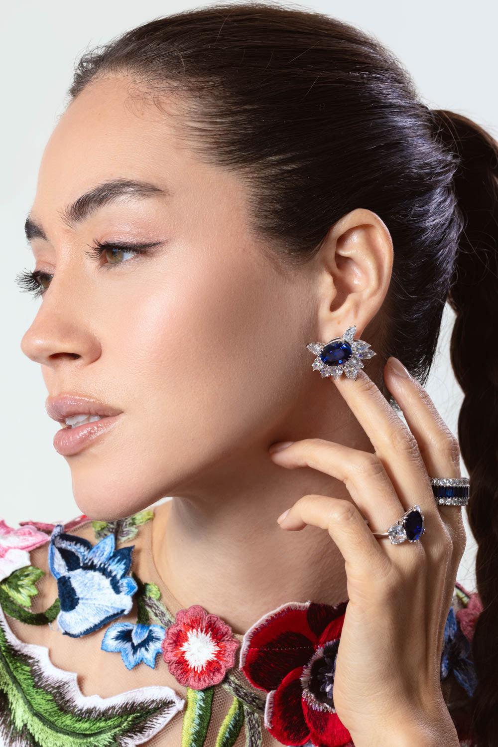 Blue Oval Cluster Earrings-BLUE-JEWELRYBOUTIQUEEARRING-FANTASIA by DESERIO