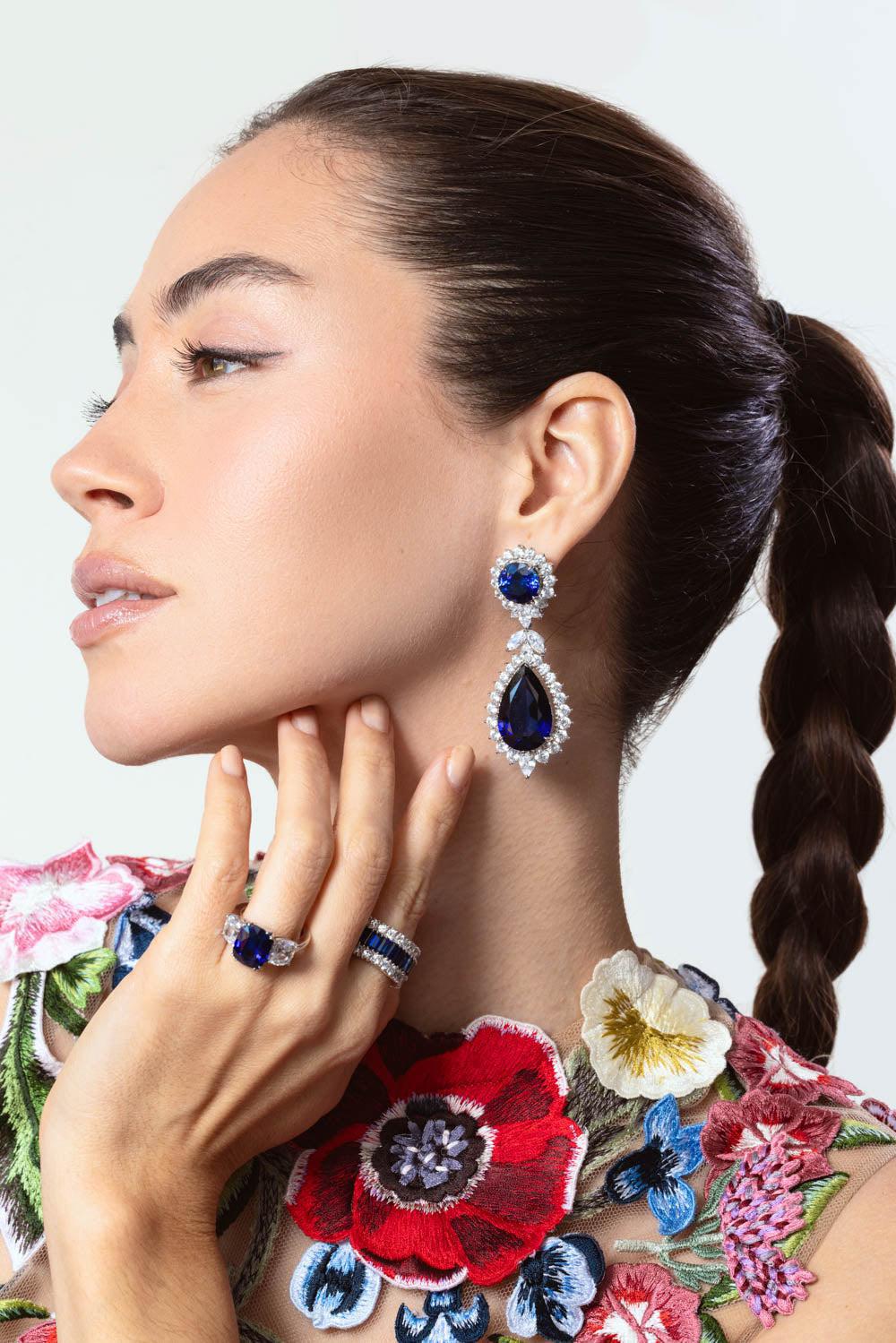 FANTASIA by DESERIO-Large Sapphire Cz Drop Earrings-BLUE