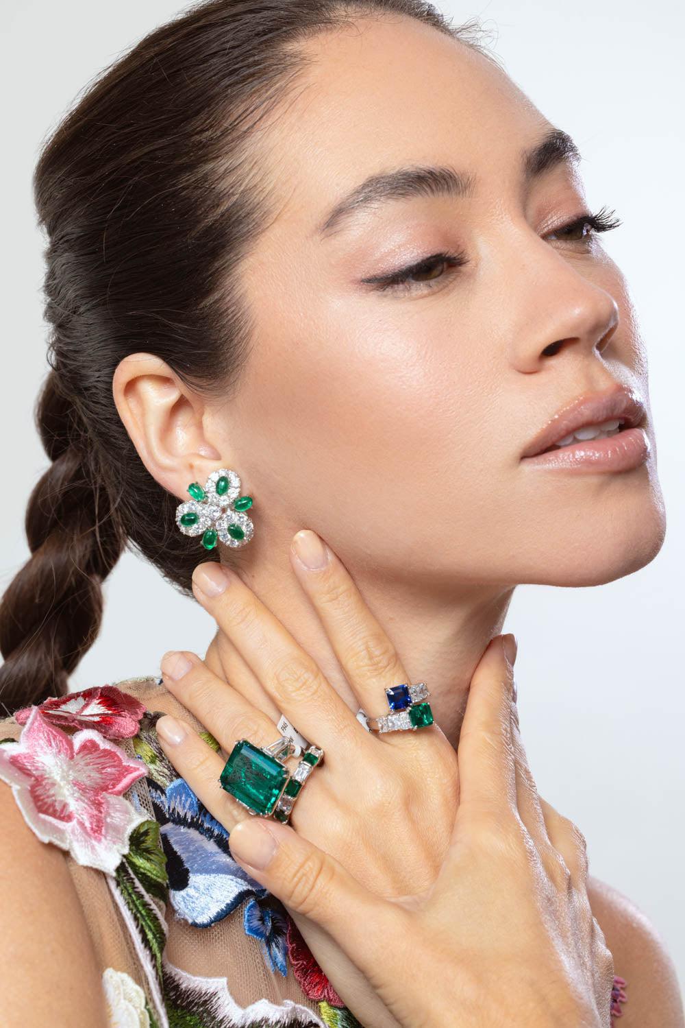 FANTASIA by DESERIO-Emerald Cabochon Cluster Earrings-GREEN