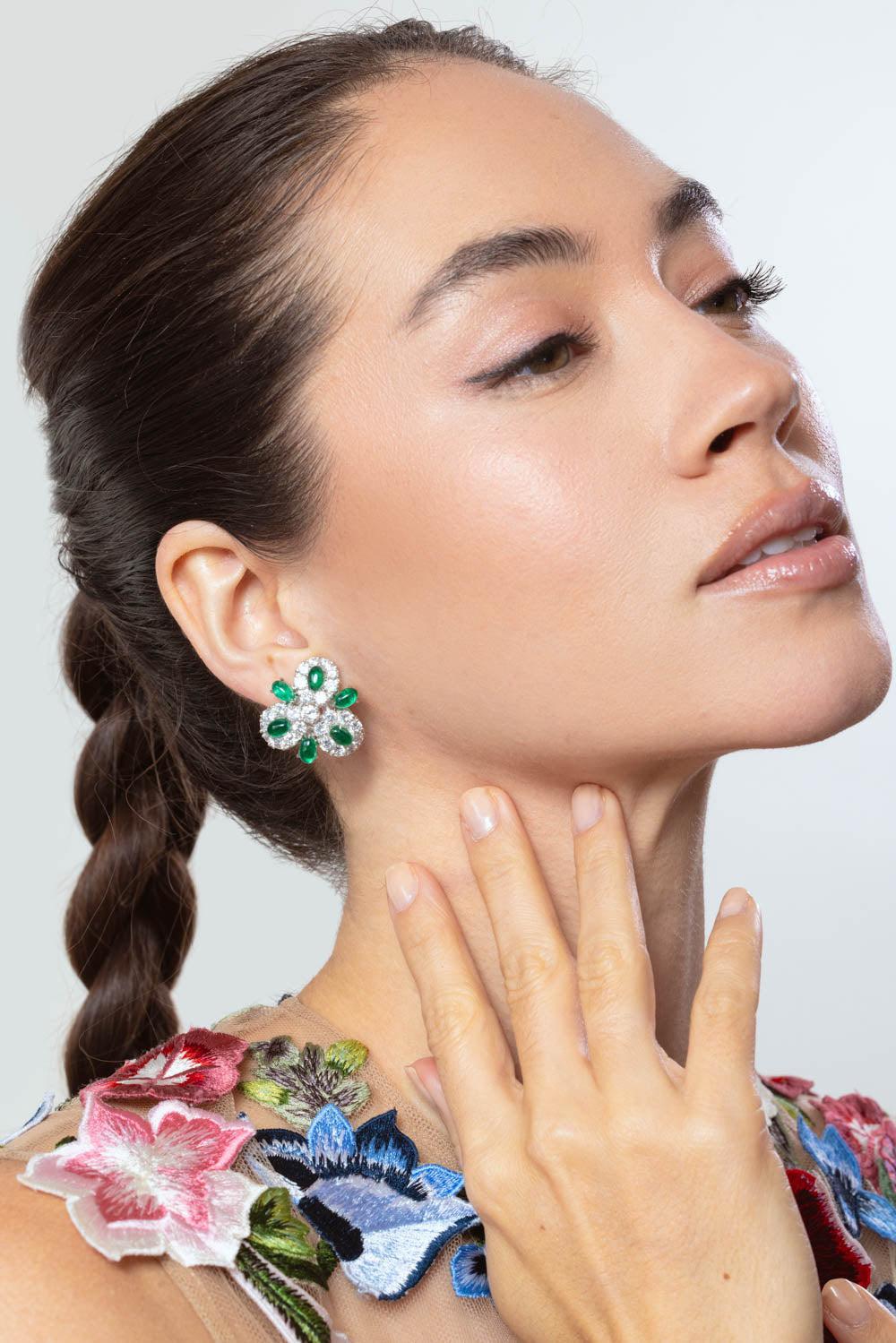 FANTASIA by DESERIO-Emerald Cabochon Cluster Earrings-GREEN