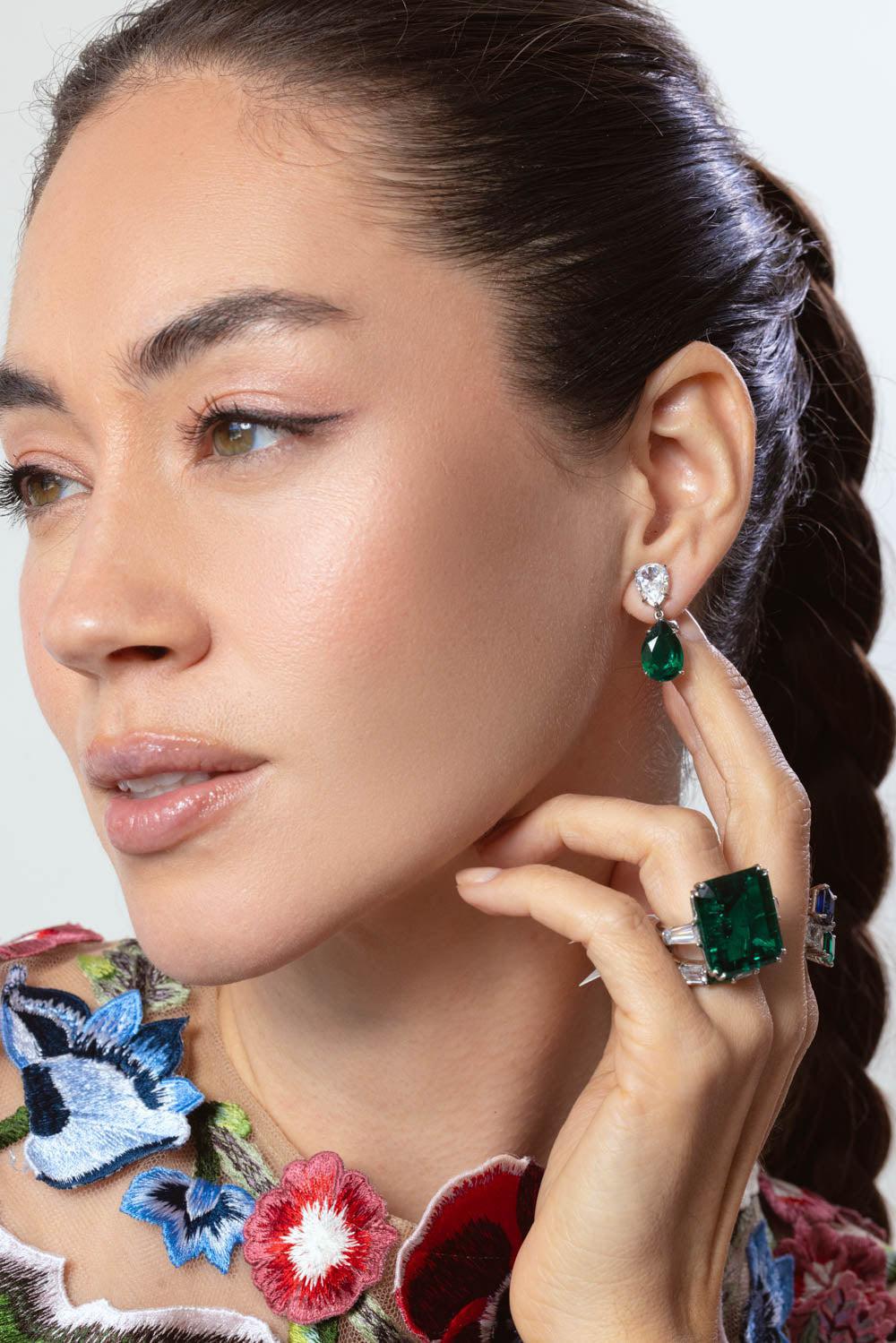 FANTASIA by DESERIO-Emerald Double Pear Drop Earrings-GREEN