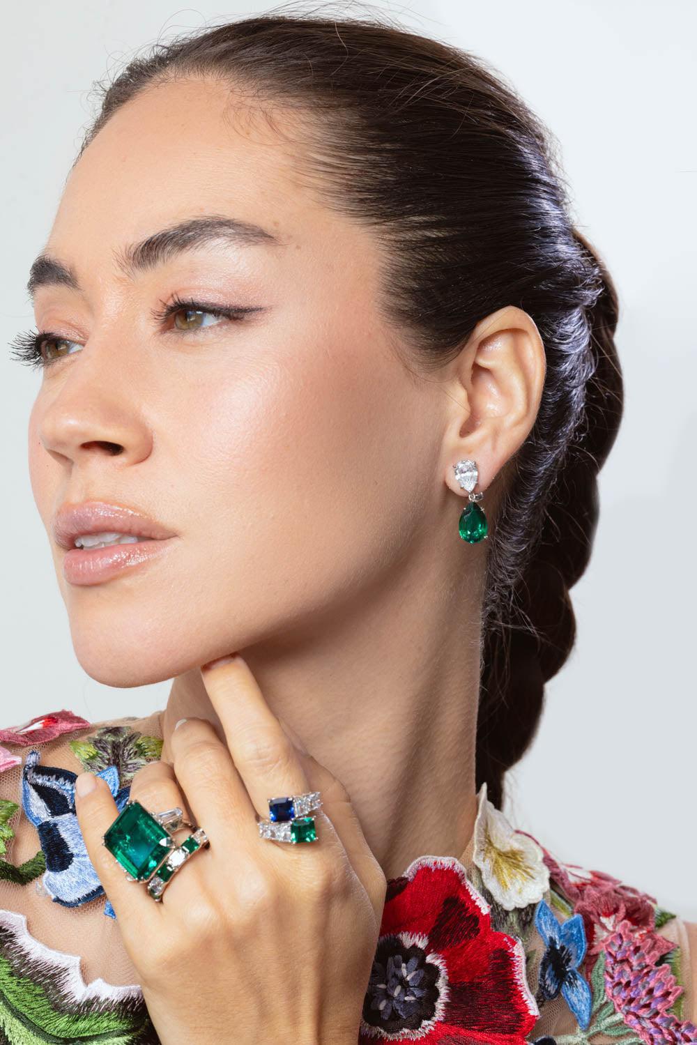 FANTASIA by DESERIO-Emerald Double Pear Drop Earrings-GREEN