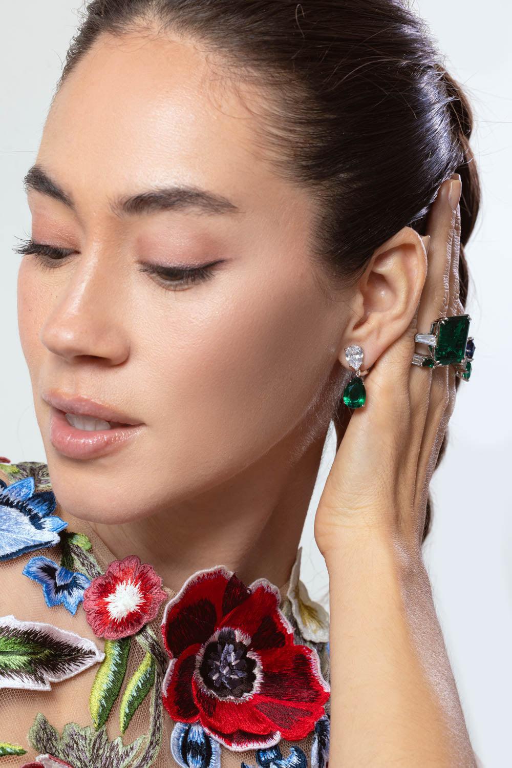 FANTASIA by DESERIO-Emerald Double Pear Drop Earrings-GREEN