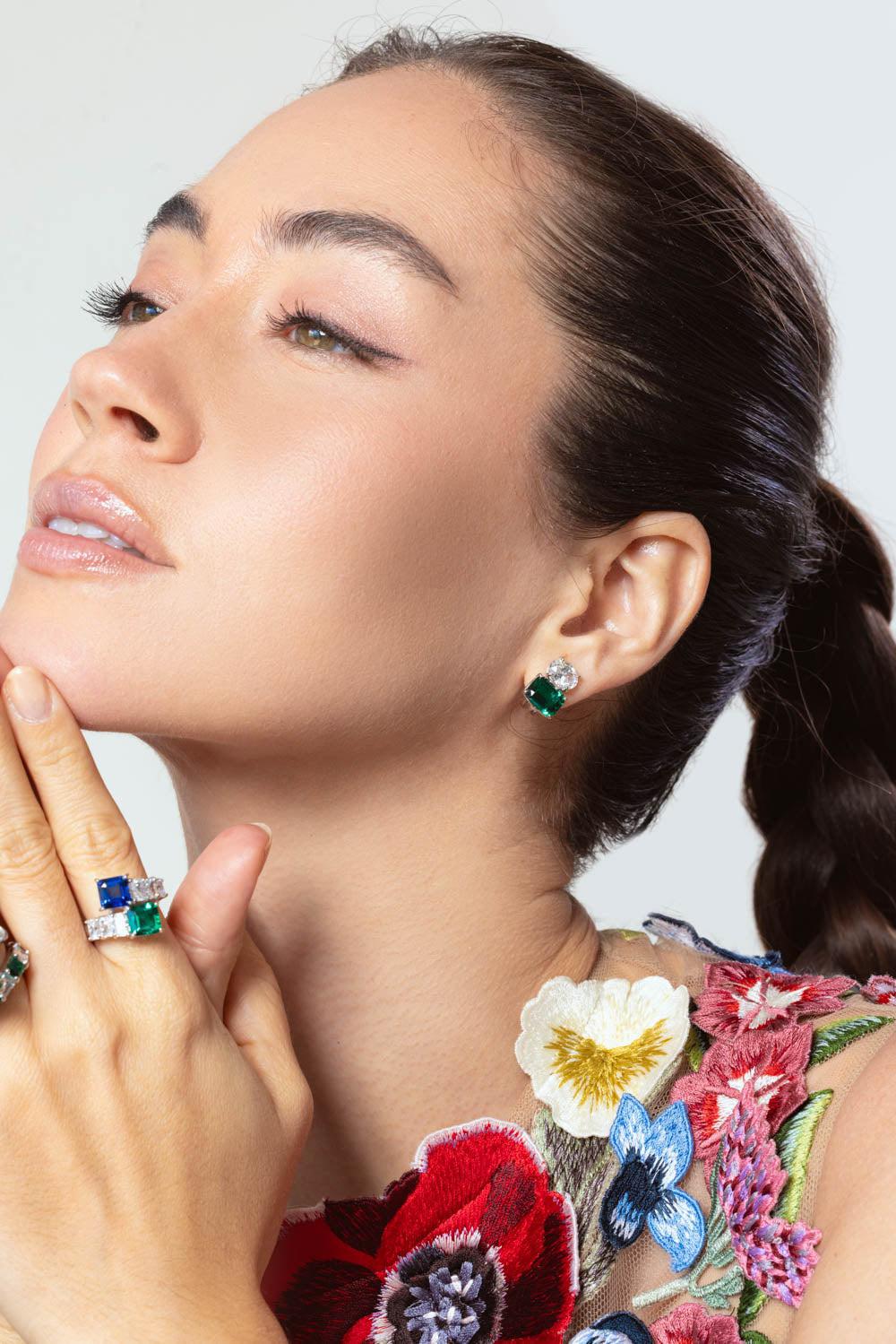 FANTASIA by DESERIO-Green White Cz Stud Earrings-GREEN