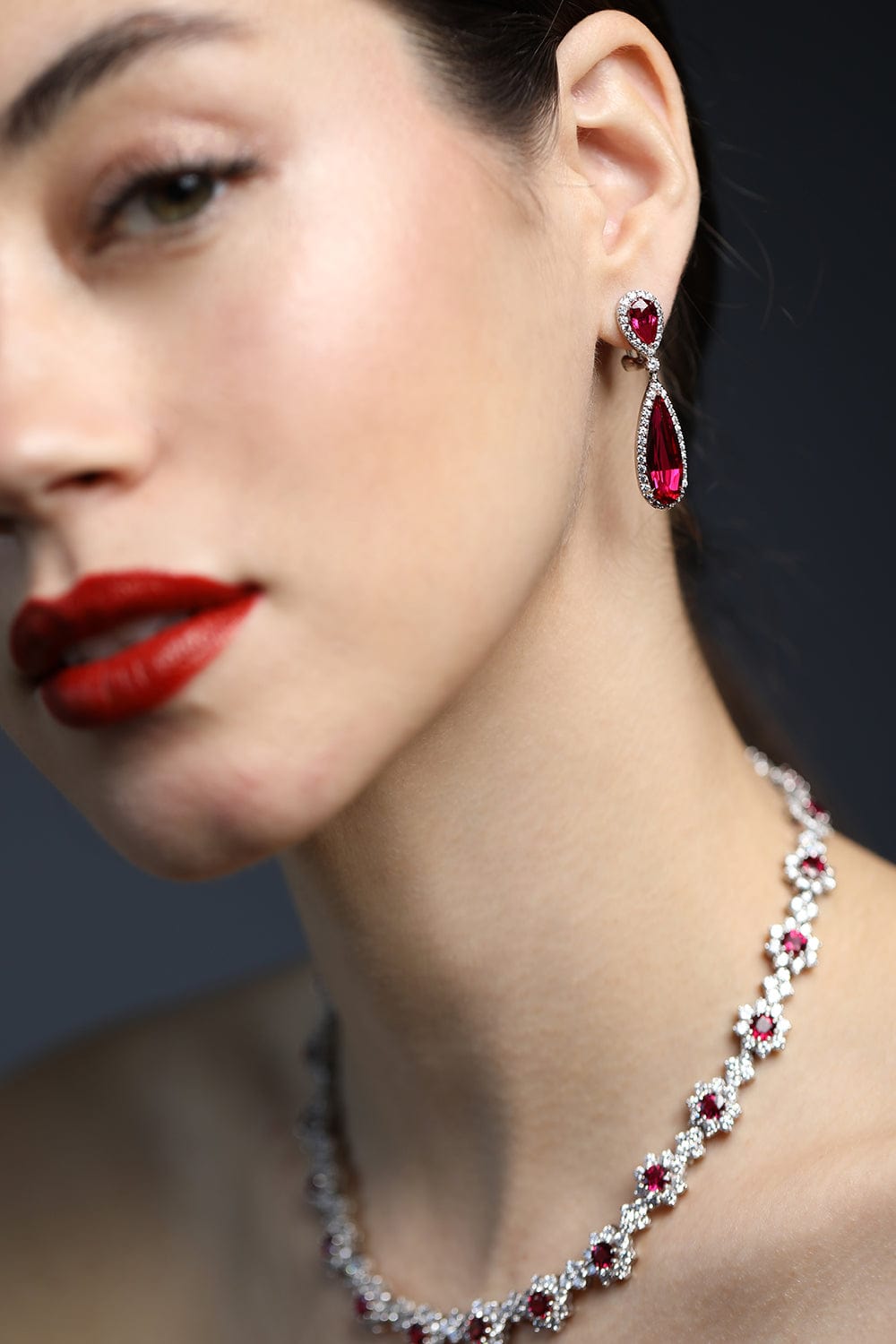 FANTASIA by DESERIO-Red CZ Teardrop Earrings-RED