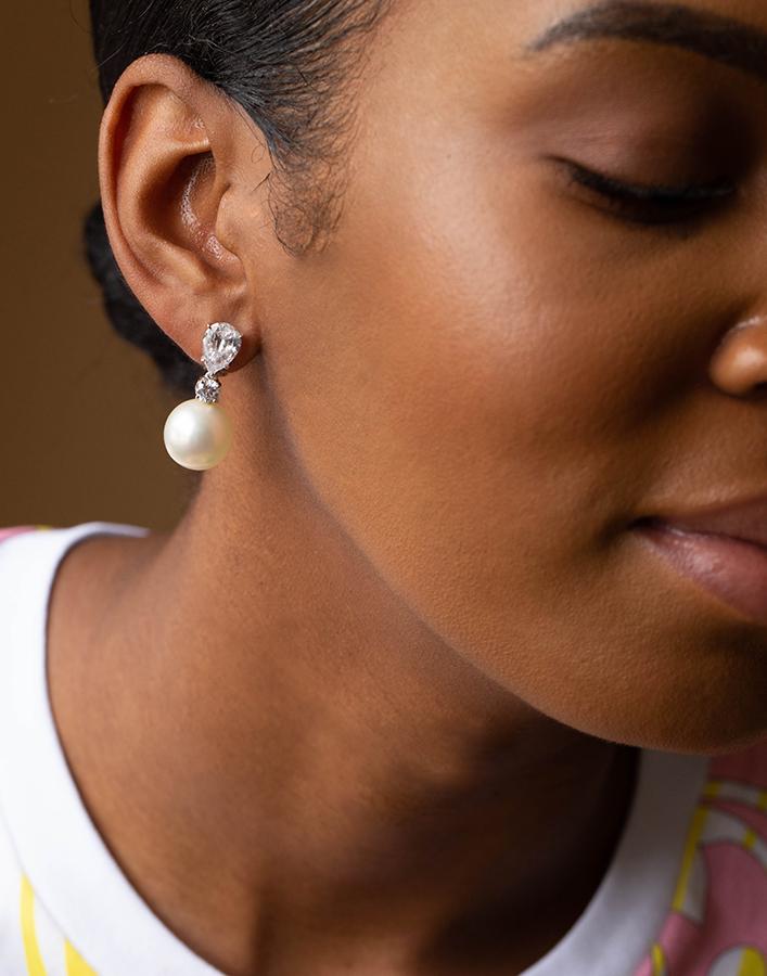 FANTASIA by DESERIO-Pearl and Cubic Zirconia Drop Earrings 14MM-WG