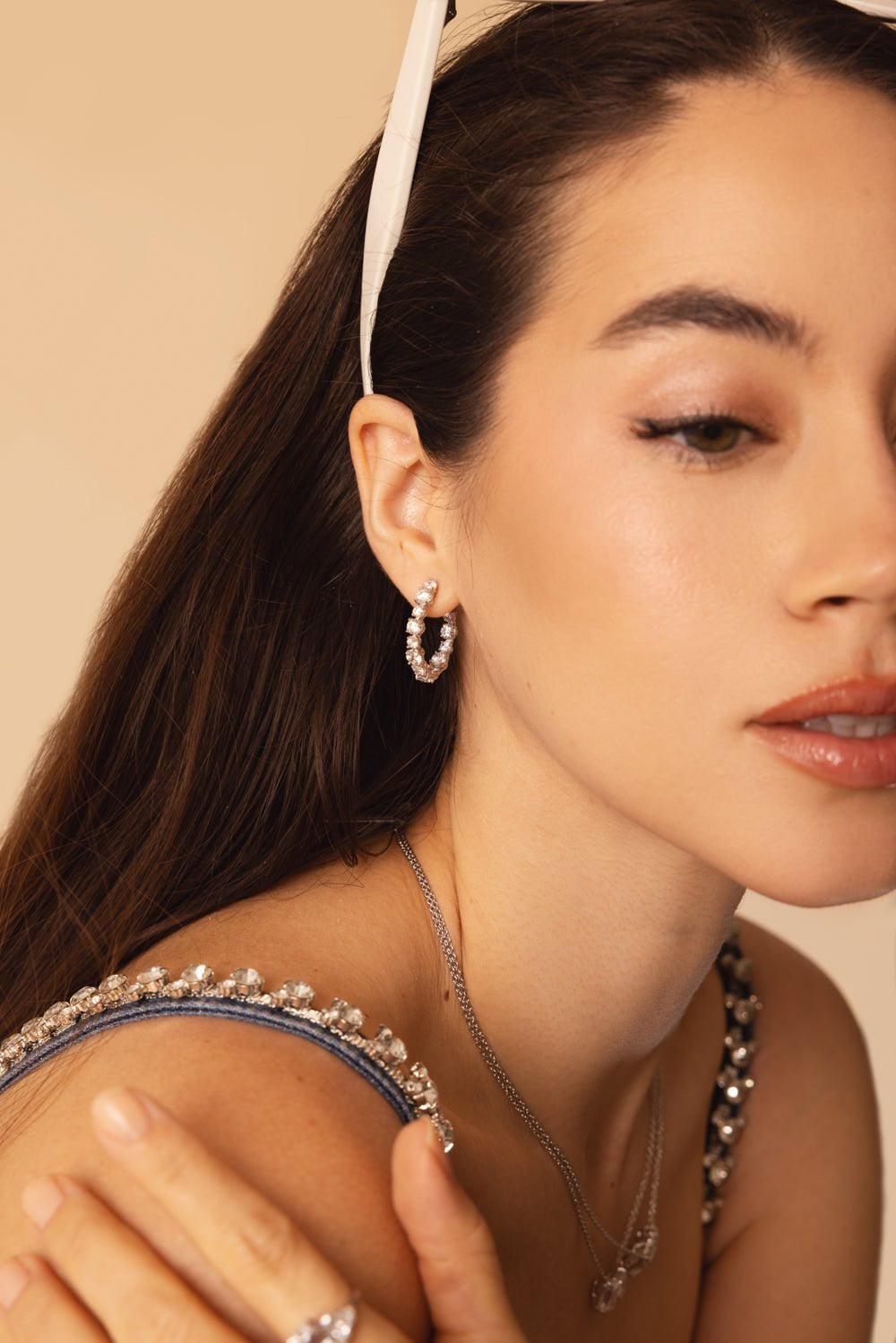 FANTASIA by DESERIO-Alternating Stone Hoop Earrings-WHITE