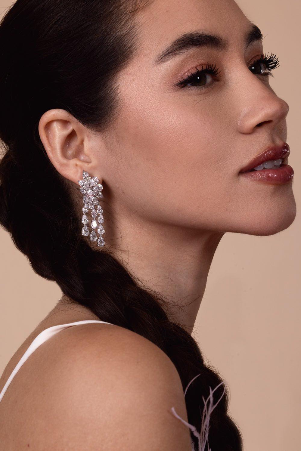 FANTASIA by DESERIO-Cluster CZ Drop Earring-WHITE