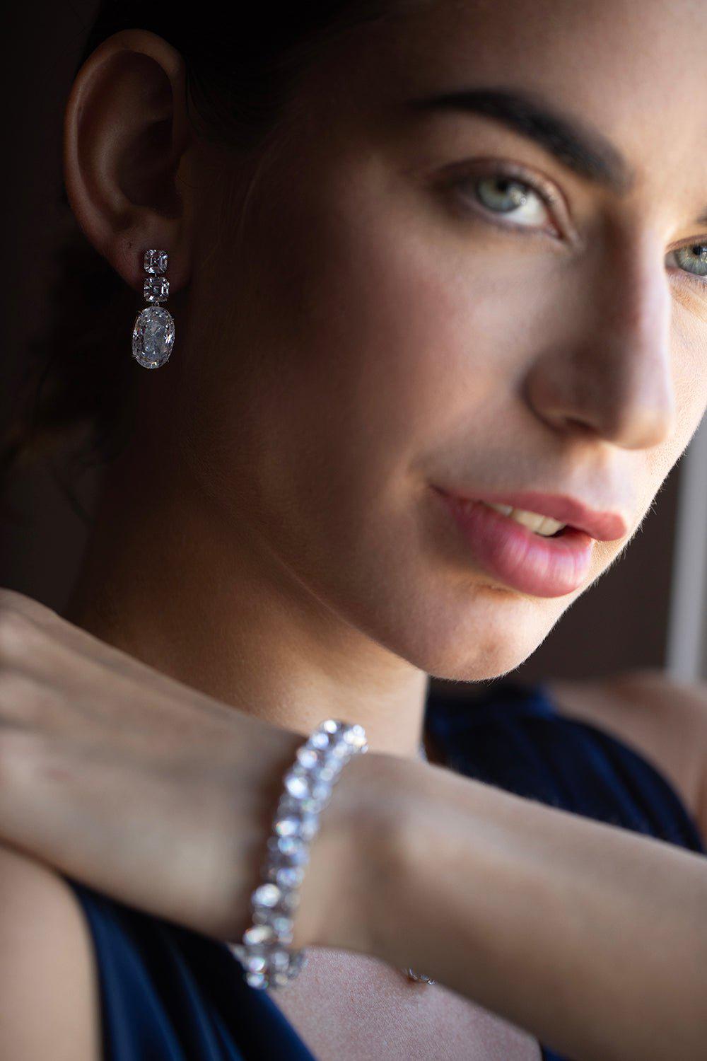FANTASIA by DESERIO-Double Square Oval Drop Earrings-WHITE