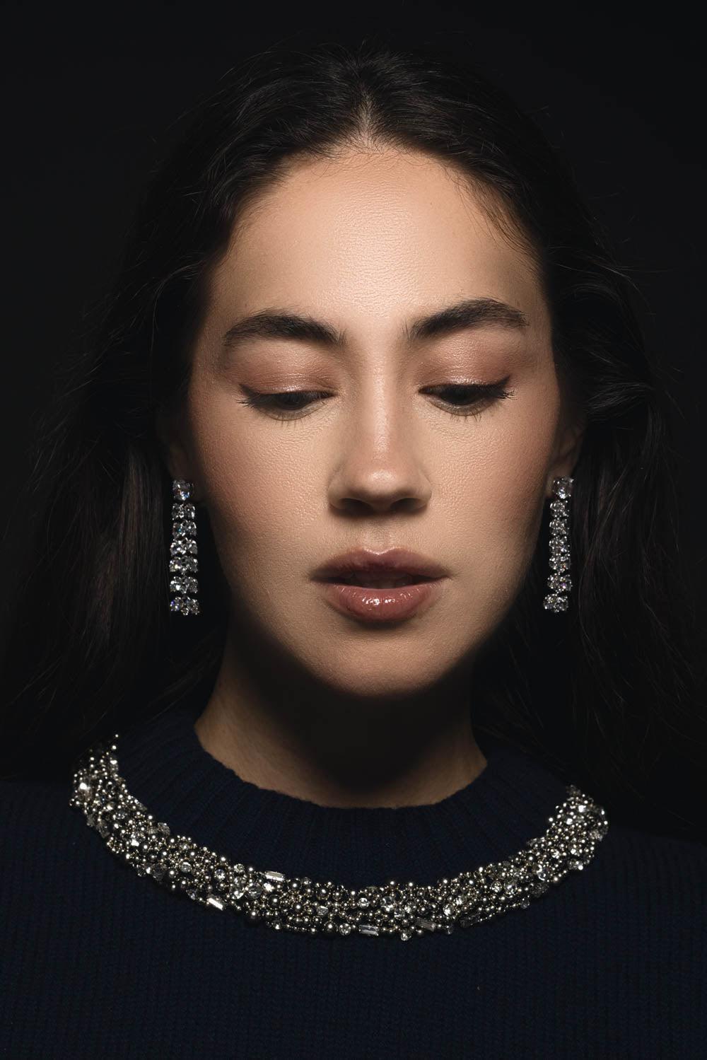 FANTASIA by DESERIO-Cz Long Cluster Earrings-WHITE GOLD