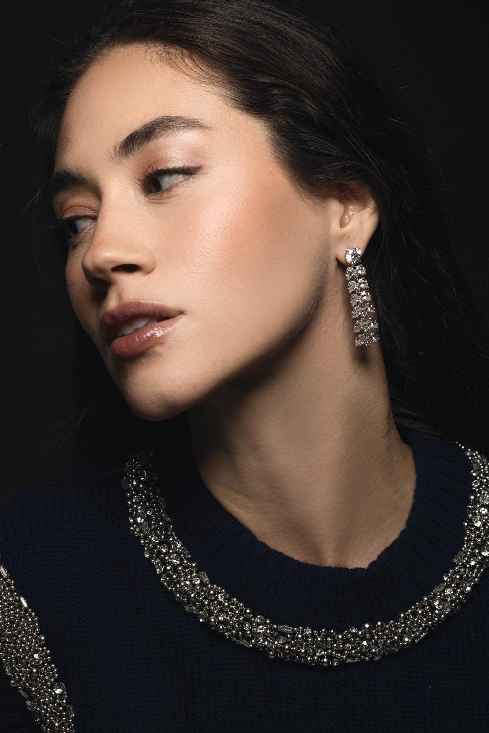 FANTASIA by DESERIO-Cz Long Cluster Earrings-WHITE GOLD