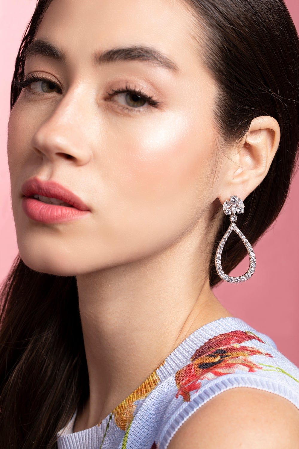 FANTASIA by DESERIO-Small Cluster Open Pear Drop Earrings-WHITE GOLD