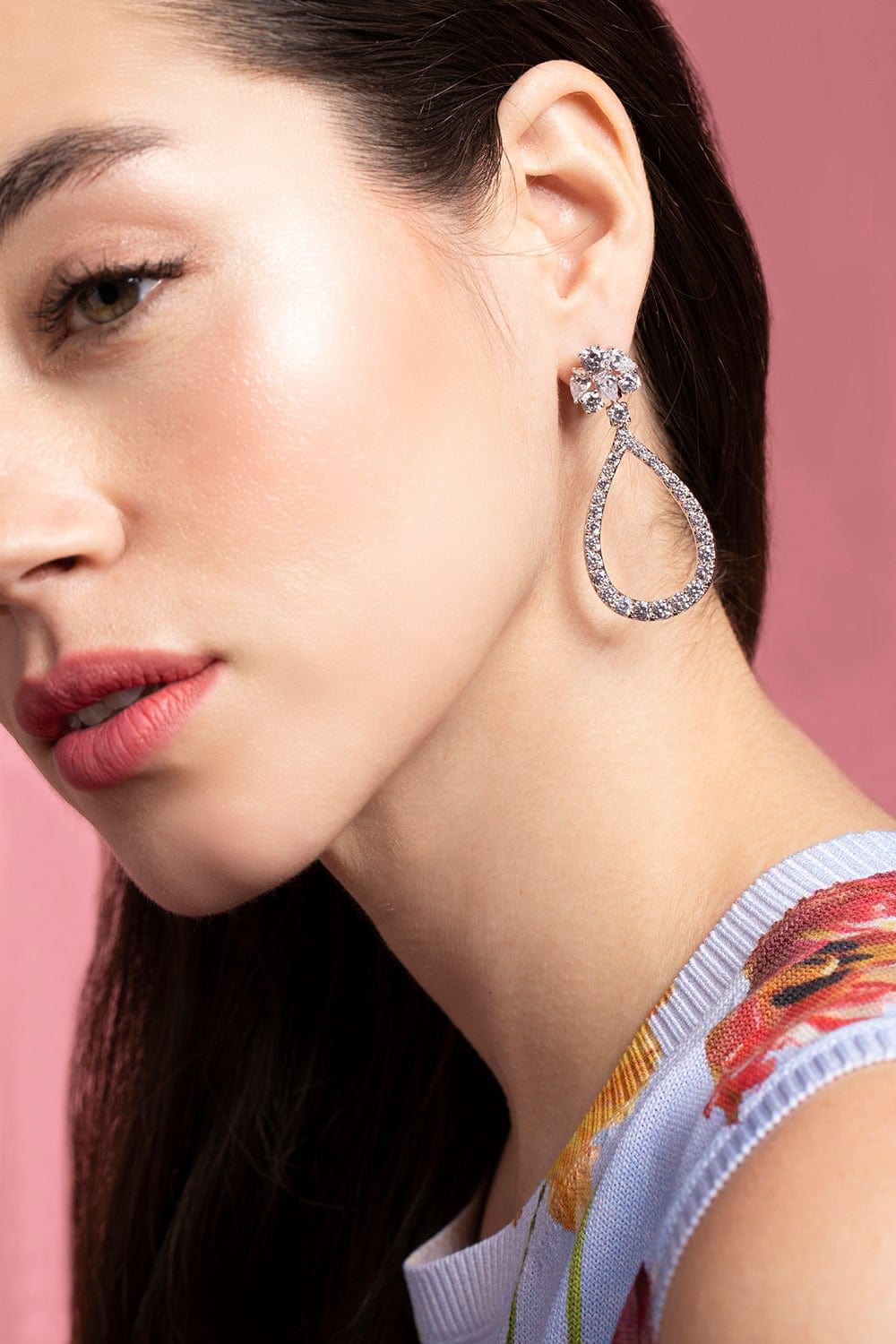 FANTASIA by DESERIO-Small Cluster Open Pear Drop Earrings-WHITE GOLD