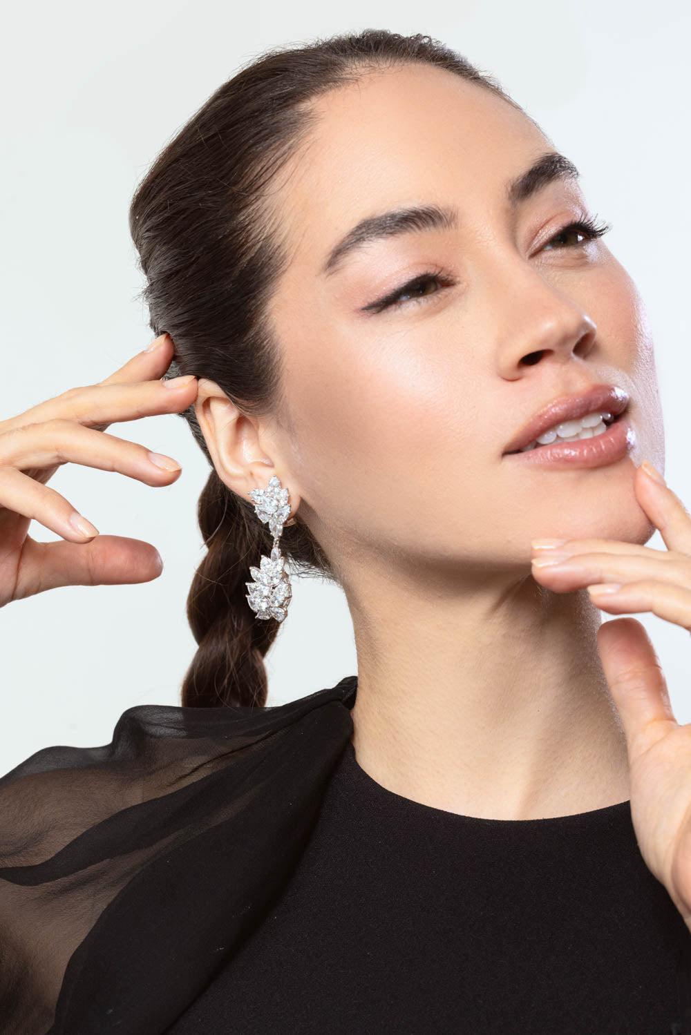 FANTASIA by DESERIO-Pear Round Cluster Drop Earrings-WHITE