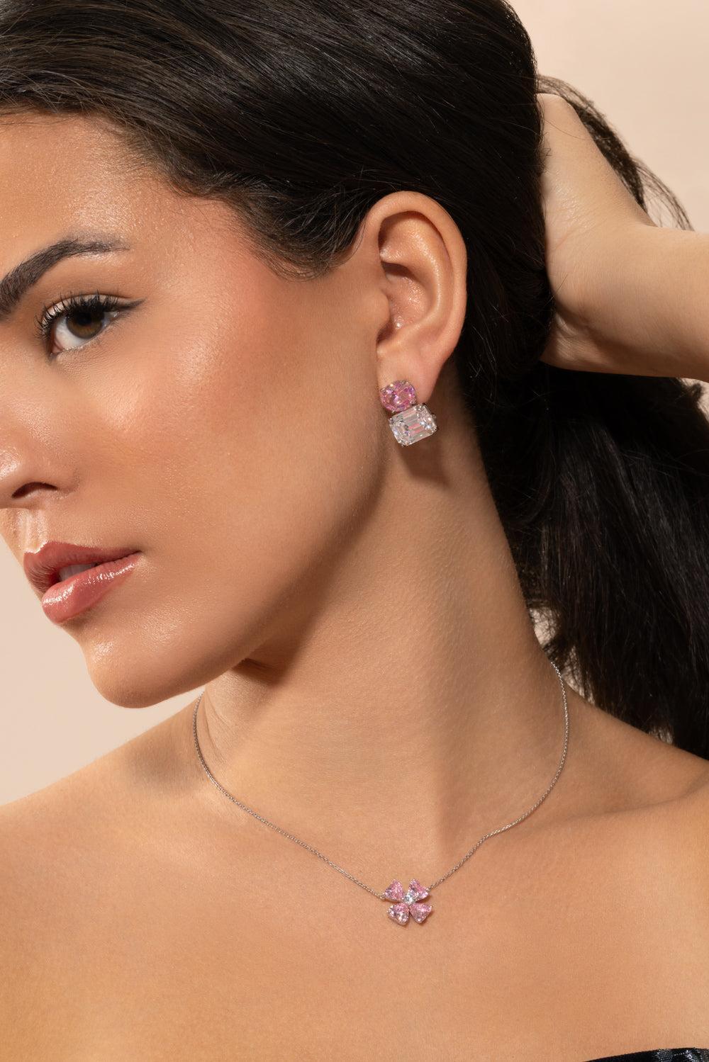 Pink Cushion Cut Chandelier Earrings-WHITE-JEWELRYBOUTIQUEEARRING-FANTASIA by DESERIO