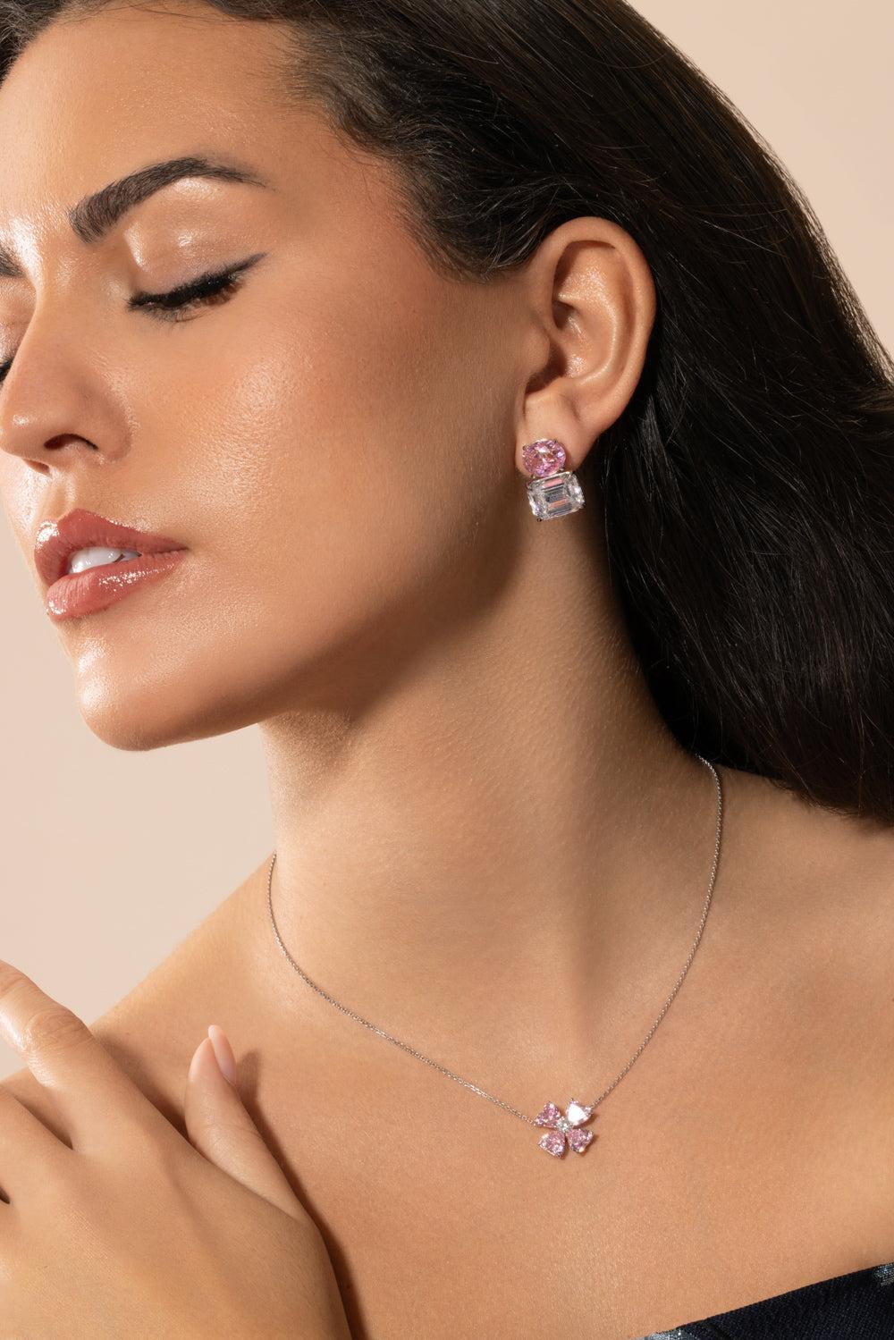 Pink Cushion Cut Chandelier Earrings-WHITE-JEWELRYBOUTIQUEEARRING-FANTASIA by DESERIO