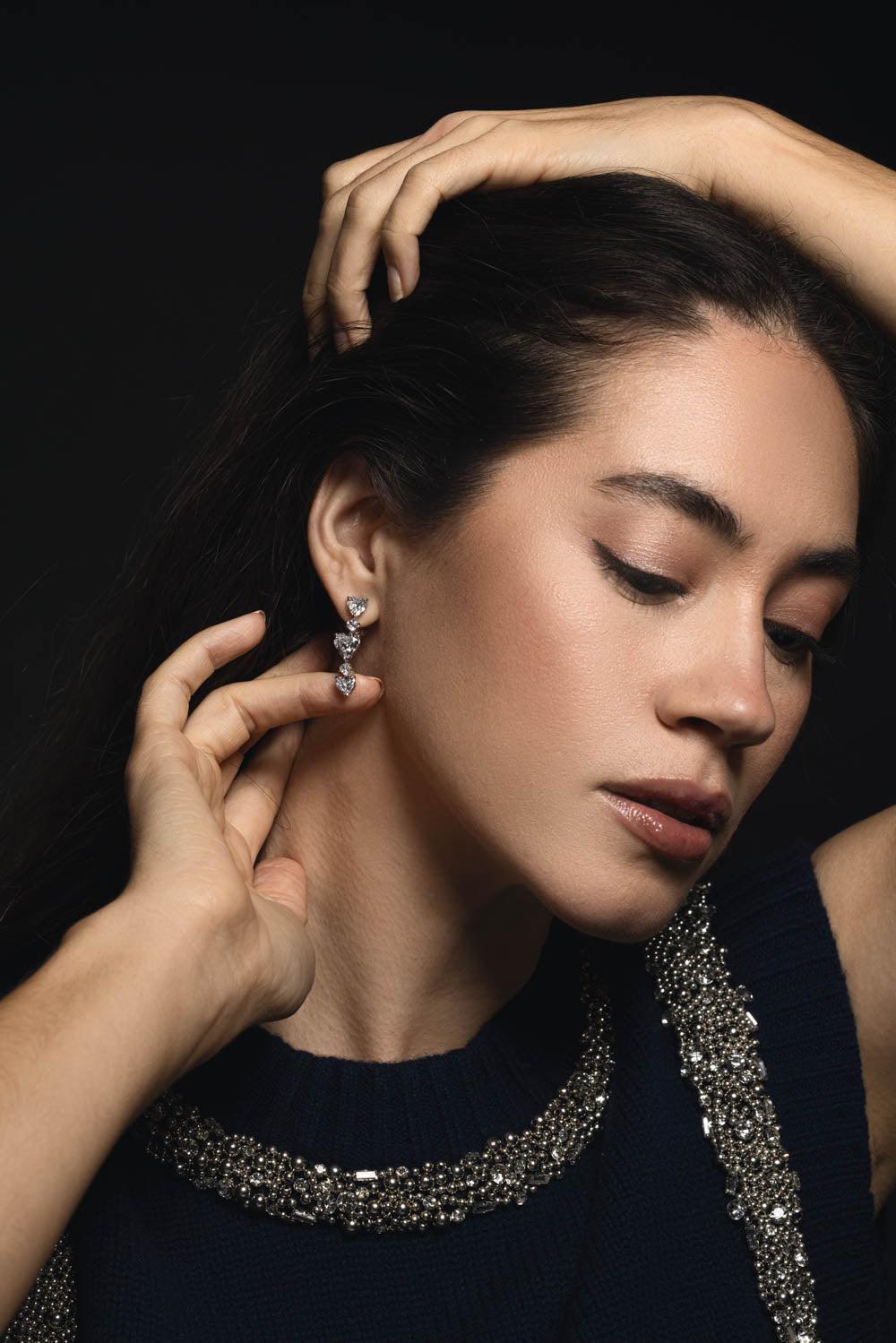 FANTASIA by DESERIO-Three Heart Drop Earrings-WHITE