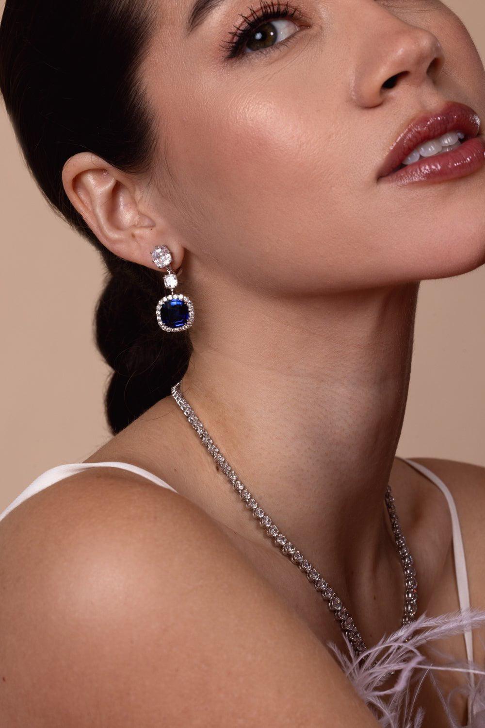 FANTASIA by DESERIO-Triple Cushion Blue Drop Earring-WHITE