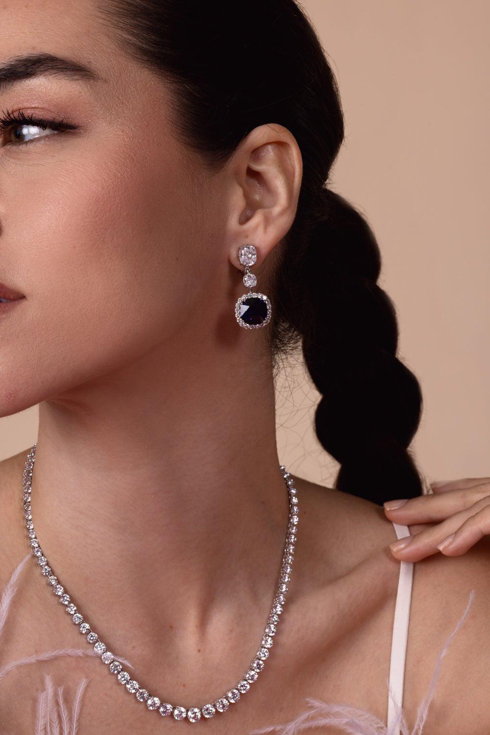 FANTASIA by DESERIO-Triple Cushion Blue Drop Earring-WHITE