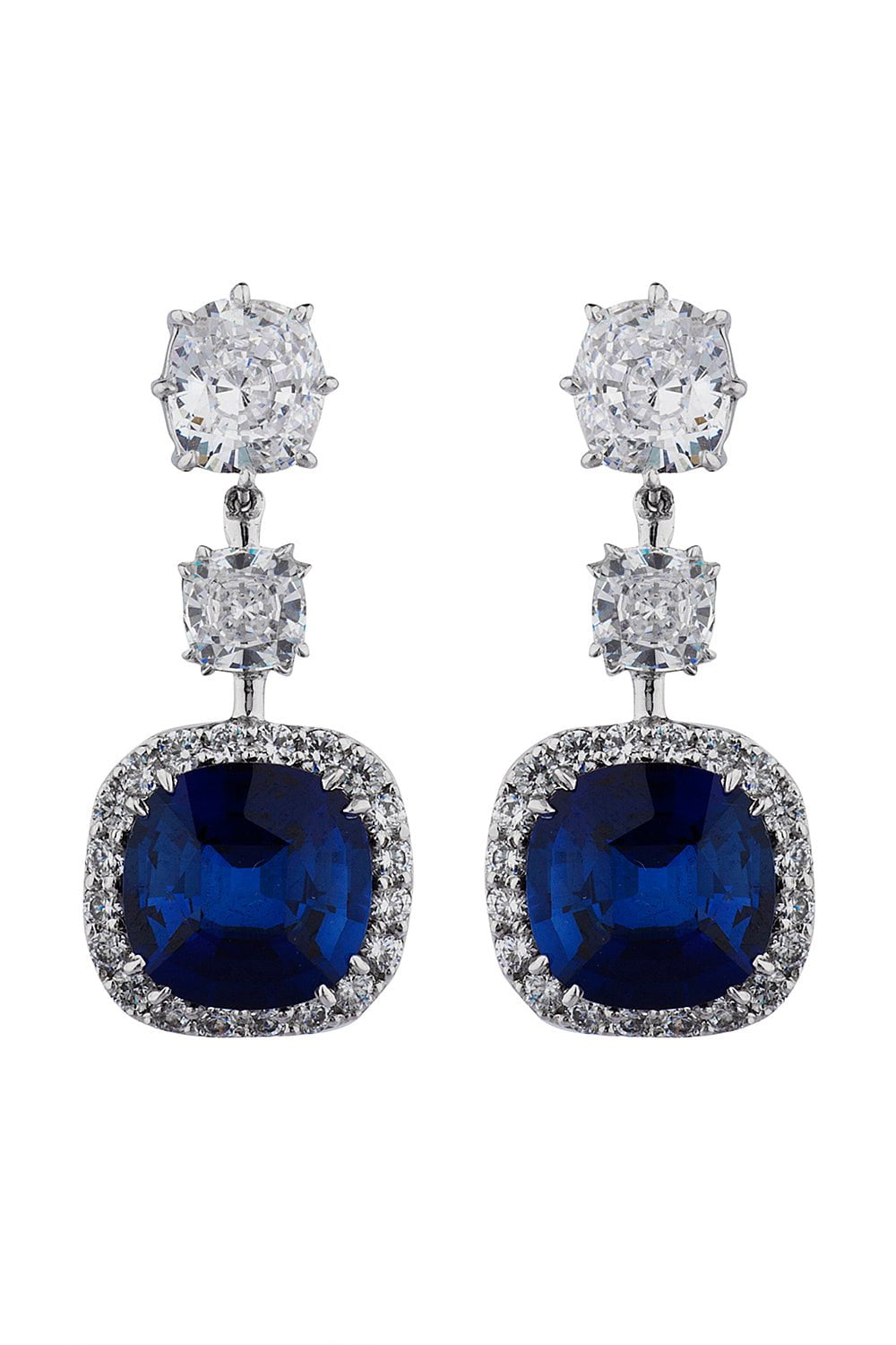FANTASIA by DESERIO-Triple Cushion Blue Drop Earring-WHITE