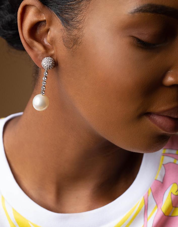 FANTASIA by DESERIO-Pearl Ball Drop Clip Earrings-WHTGLD